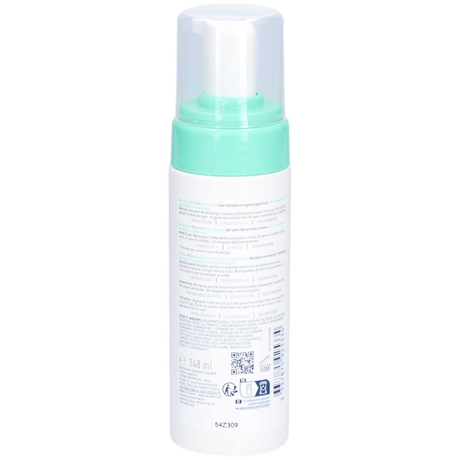 Dos du flacon CeraVe Mousse Nettoyante Équilibrante. Texte, code QR, ingrédients, 148 ml.