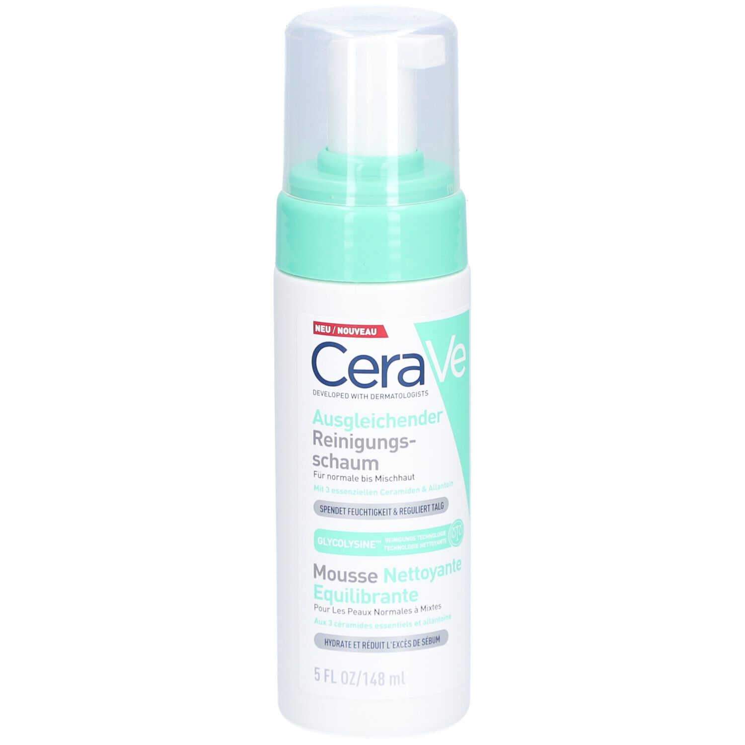 CeraVe Mousse Nettoyante Équilibrante. Flacon blanc, bouchon vert. Texte en allemand et français.
