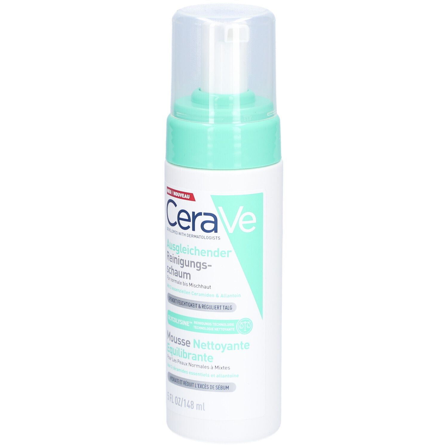 CeraVe Mousse Nettoyante Équilibrante. Flacon blanc, bouchon vert. Texte en allemand et français.