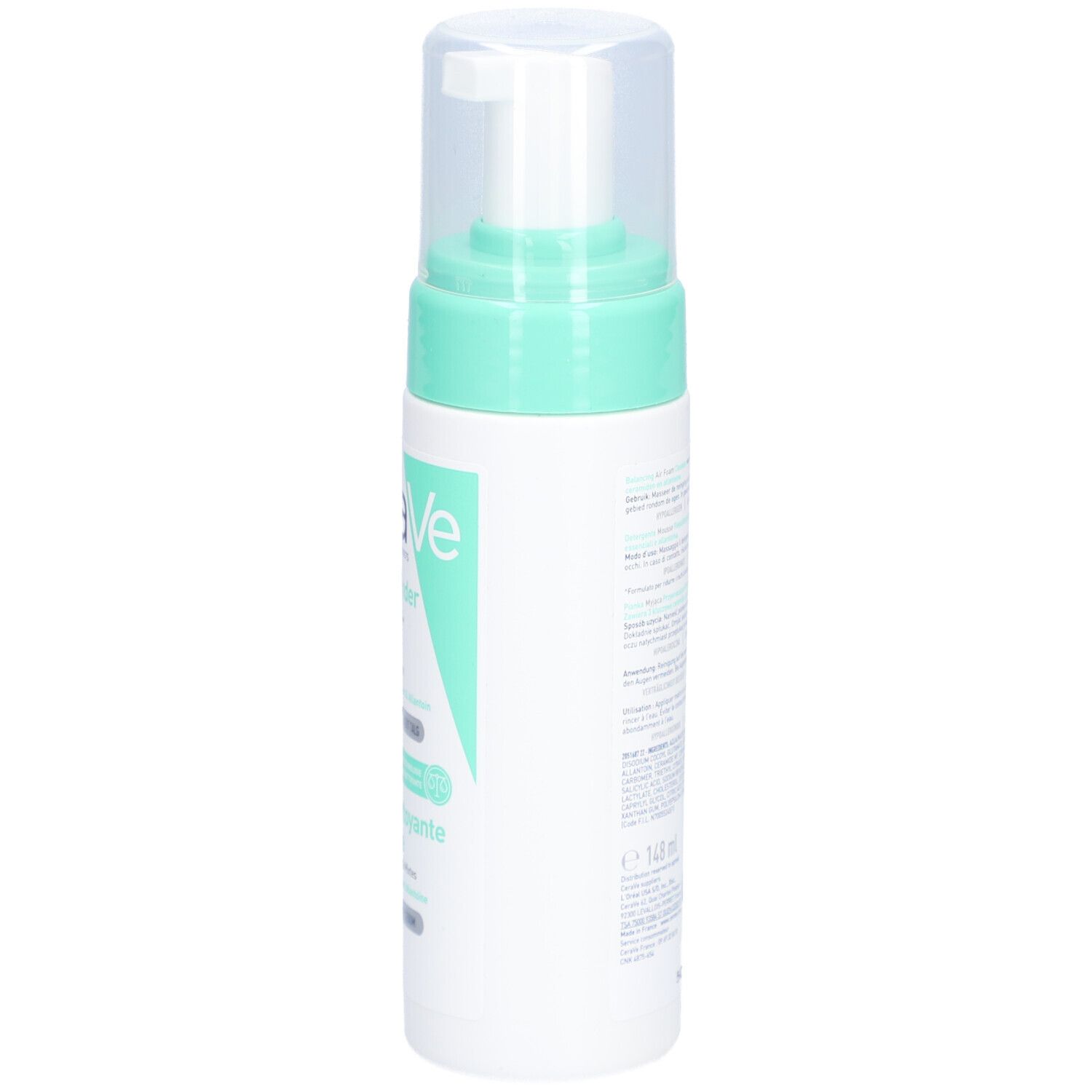 Dos du flacon CeraVe Mousse Nettoyante Équilibrante. Texte, code QR, ingrédients, 148 ml.