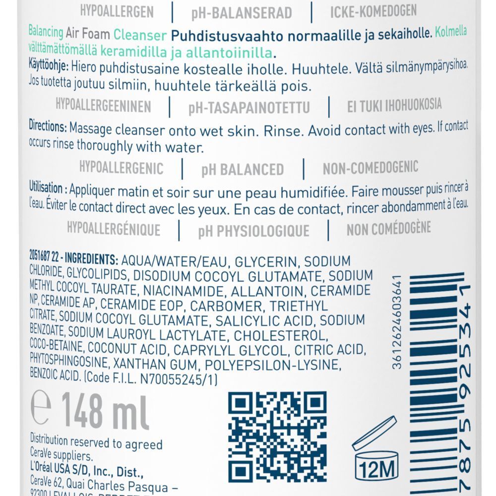 Dos du flacon CeraVe Balancing Air Foam Cleanser. Texte, code QR, ingrédients, 148 ml.