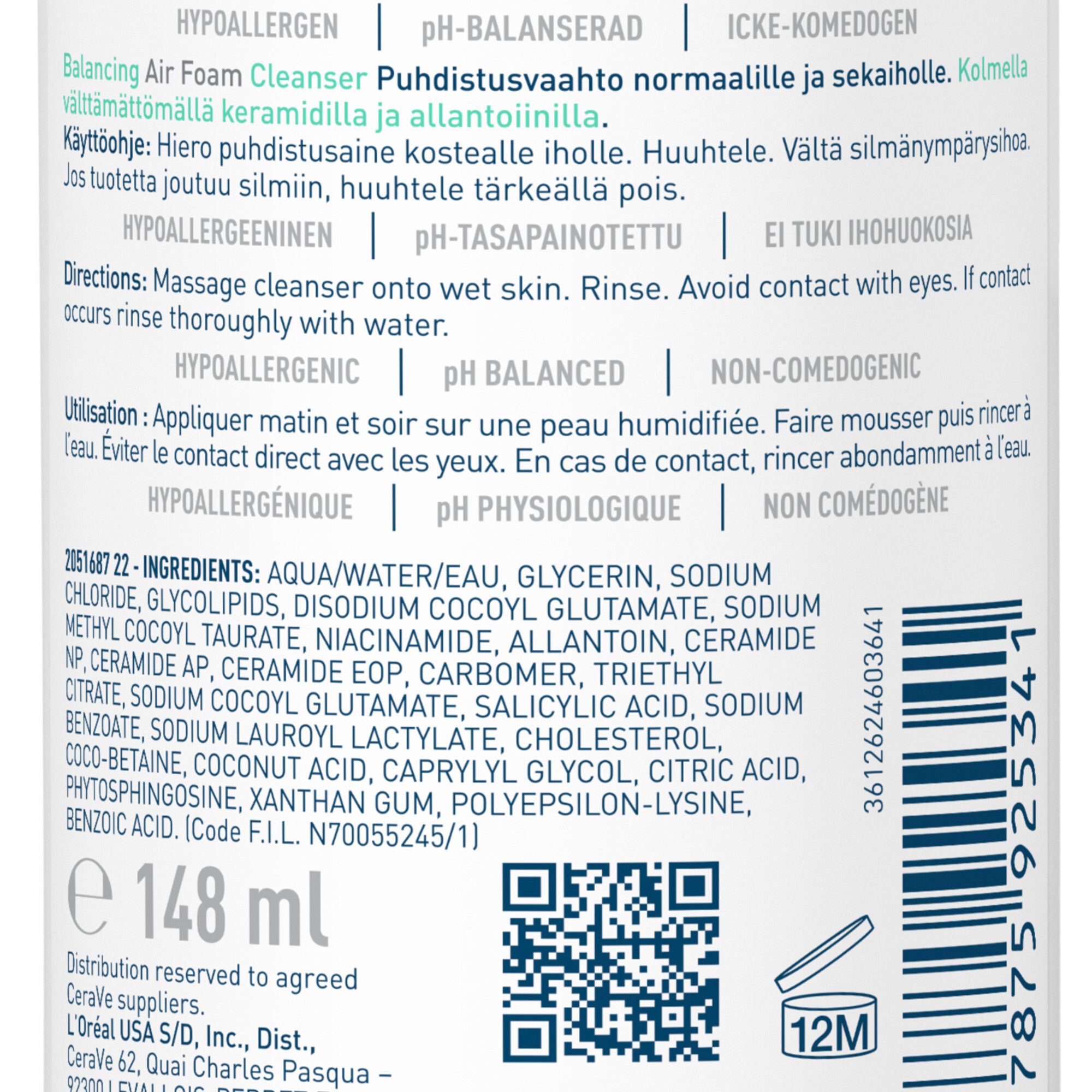 Achterkant van de CeraVe Balancing Air Foam Cleanser fles. Tekst, QR-code, ingrediënten, 148 ml.