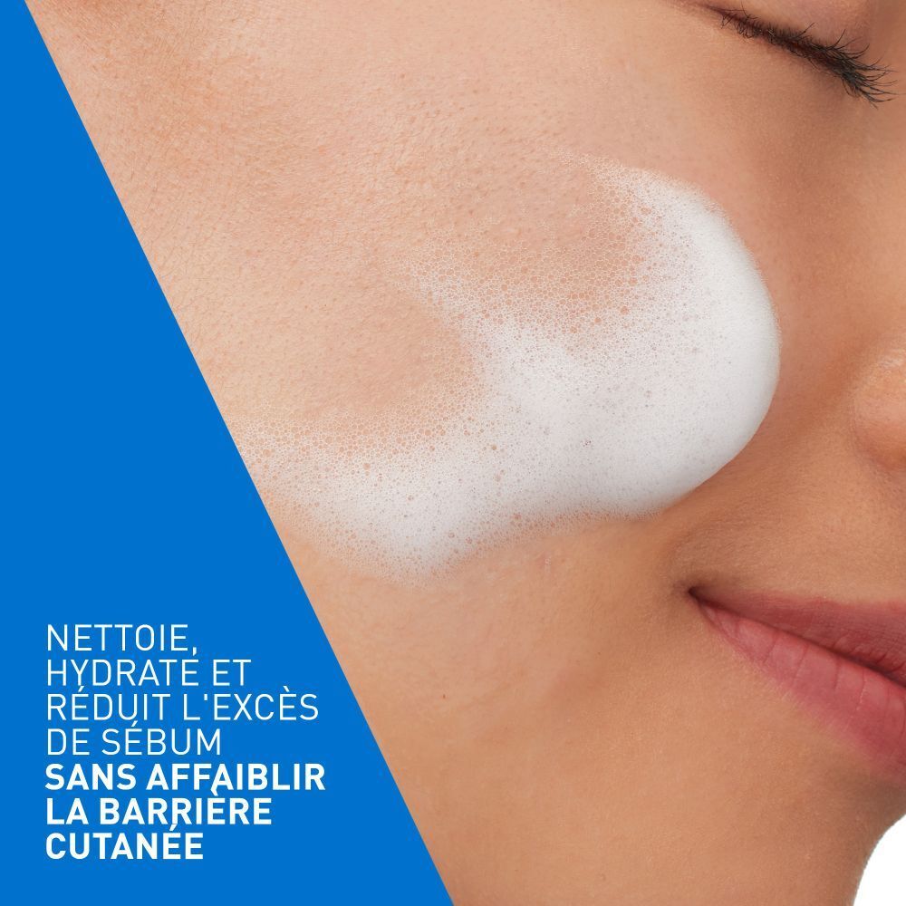 Visage avec mousse. Texte: Nettoie, hydrate et réduit l'excès de sébum.