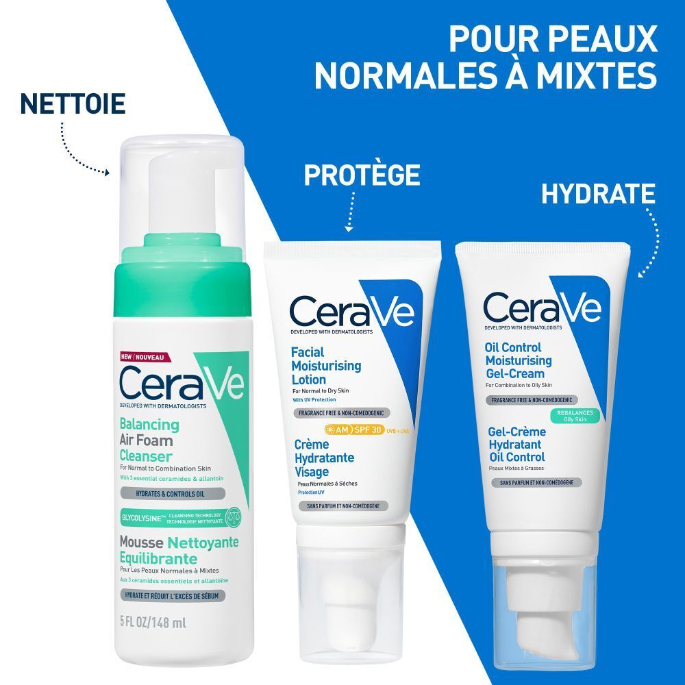 Produits CeraVe: Balancing Air Foam Cleanser, Crème Hydratante Visage, Gel-Crème Hydratant.