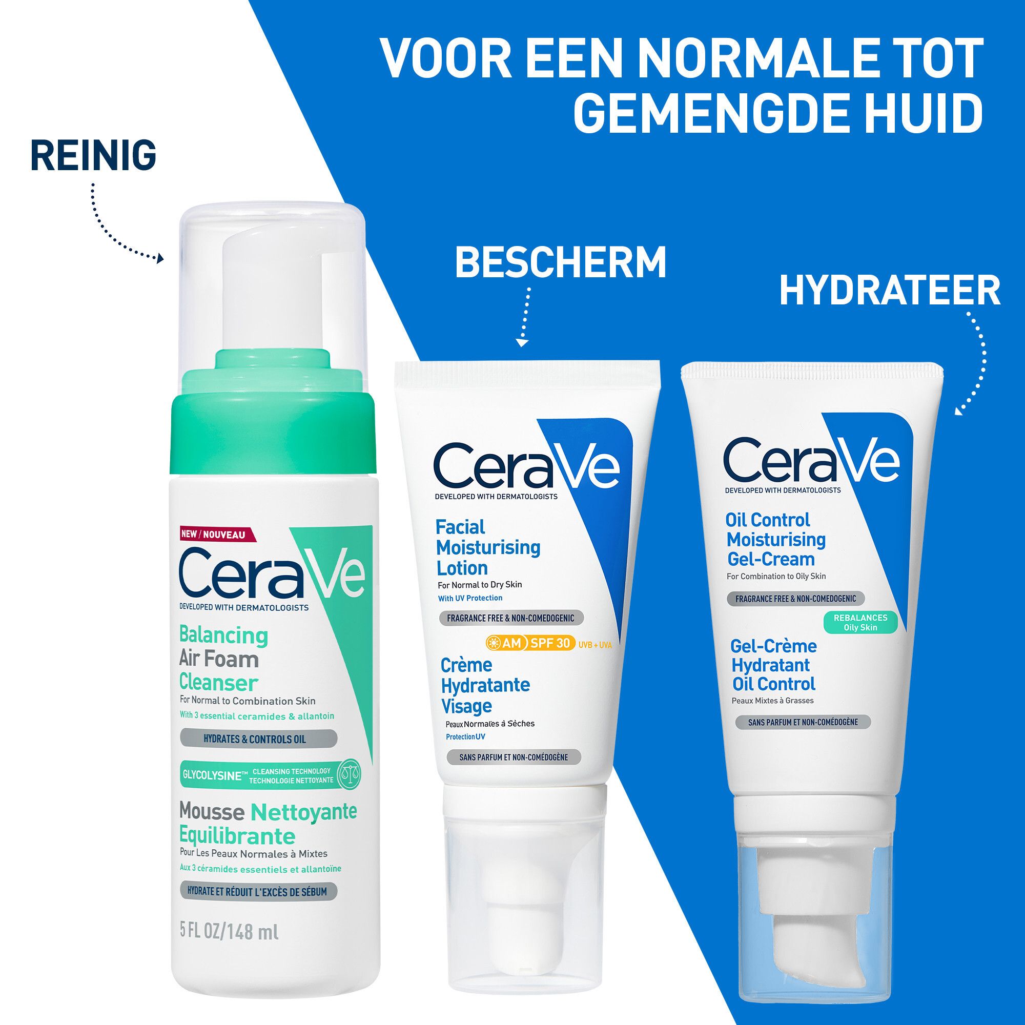 CeraVe producten: Balancing Air Foam Cleanser, Facial Moisturising Lotion, Oil Control Moisturising Gel-Cream.