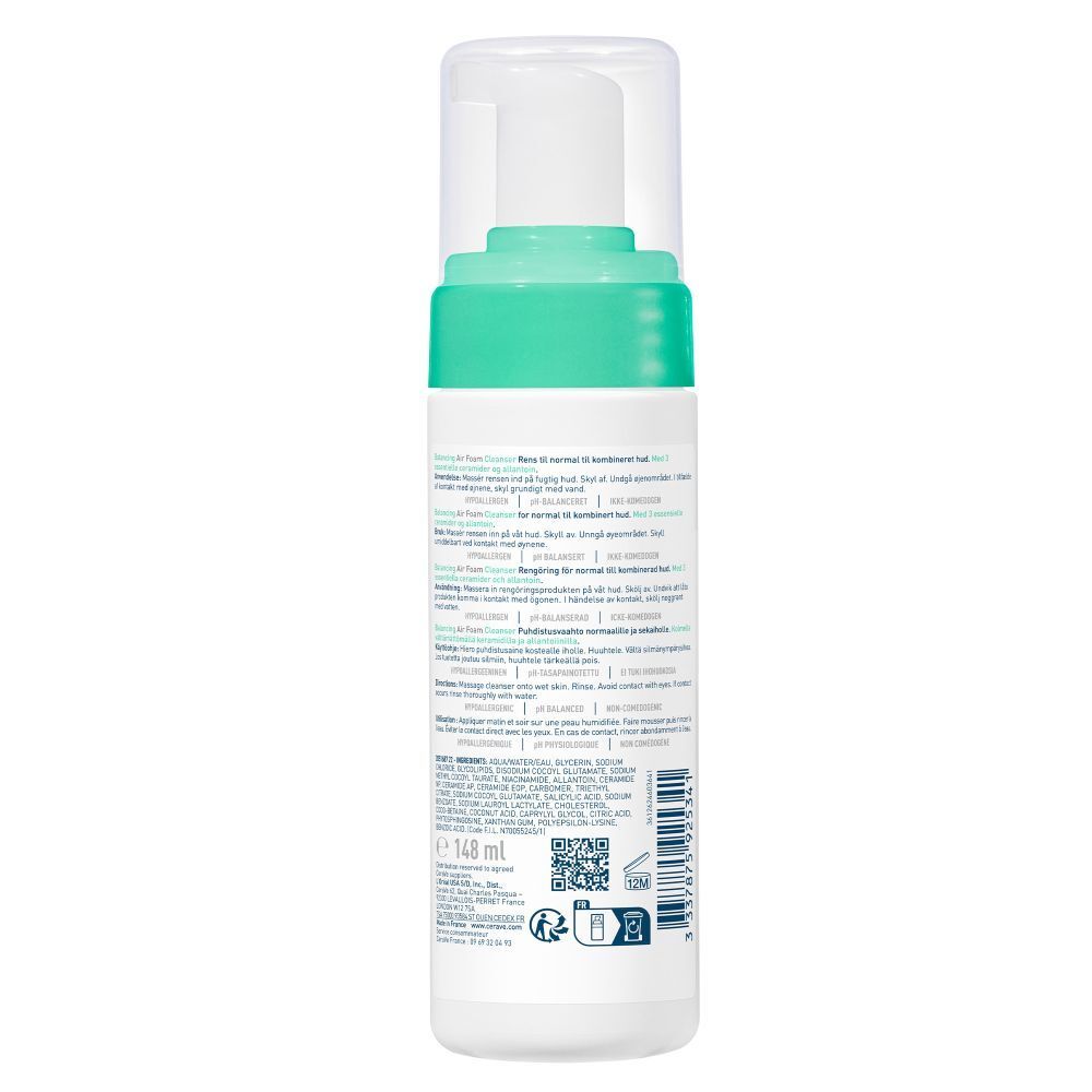 Dos du flacon CeraVe Balancing Air Foam Cleanser. Texte, code QR, ingrédients, 148 ml.