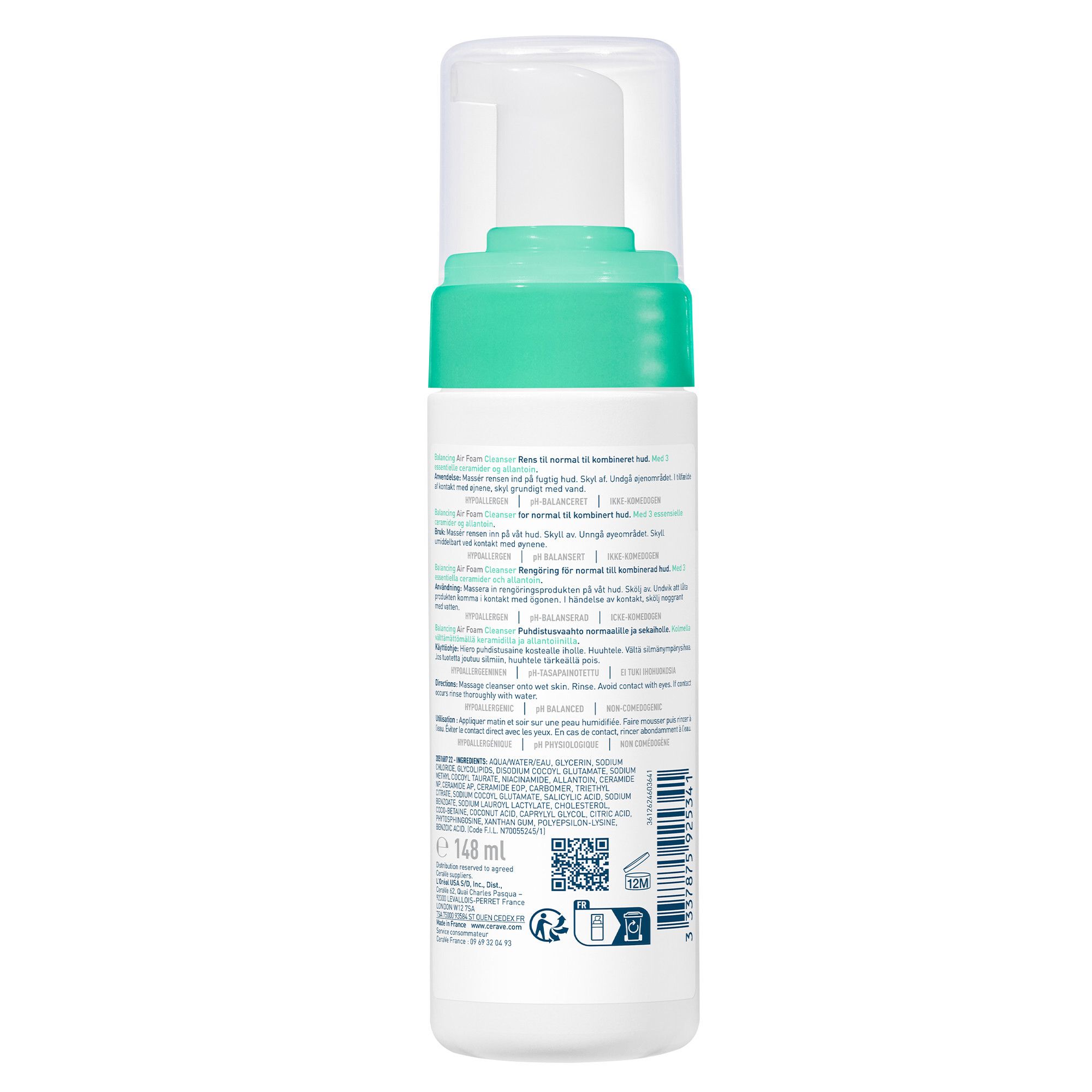 Achterkant van de CeraVe Balancing Air Foam Cleanser fles. Tekst, QR-code, ingrediënten, 148 ml.