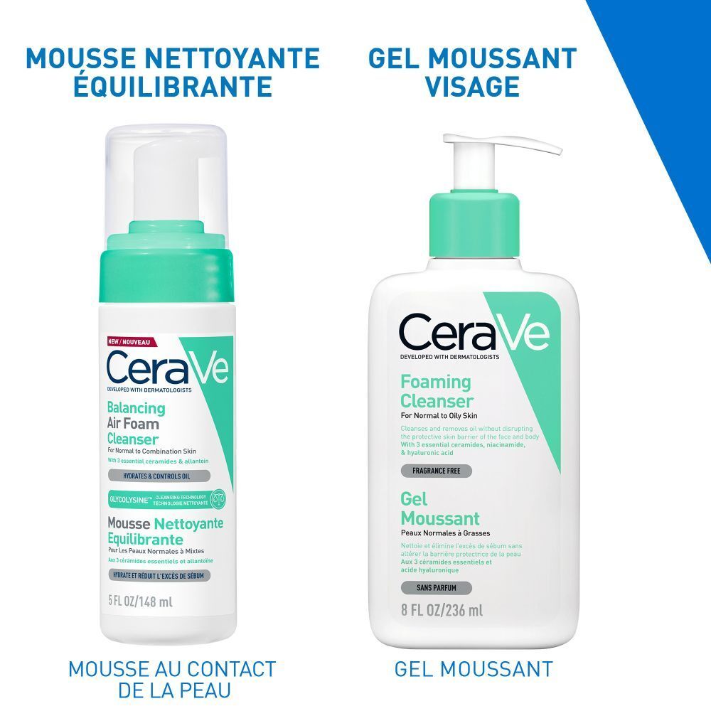 CeraVe Balancing Air Foam Cleanser et Foaming Cleanser. Deux flacons.