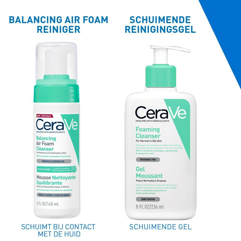 CeraVe Balancing Air Foam Reiniger et Schuimende Reinigingsgel. Deux flacons.