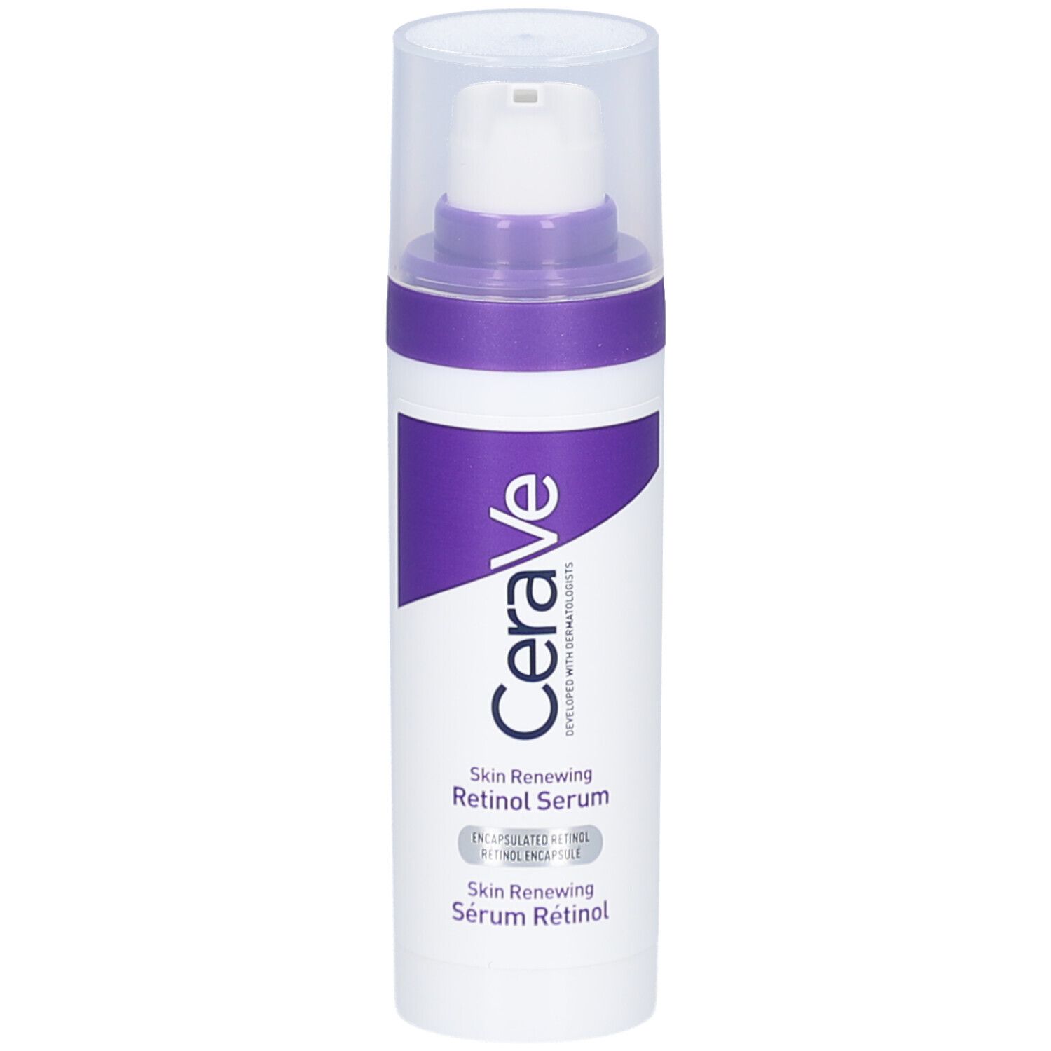 CeraVe Skin Renewing Retinol Serum. Weiße Flasche mit lila Akzenten und Dosierer.