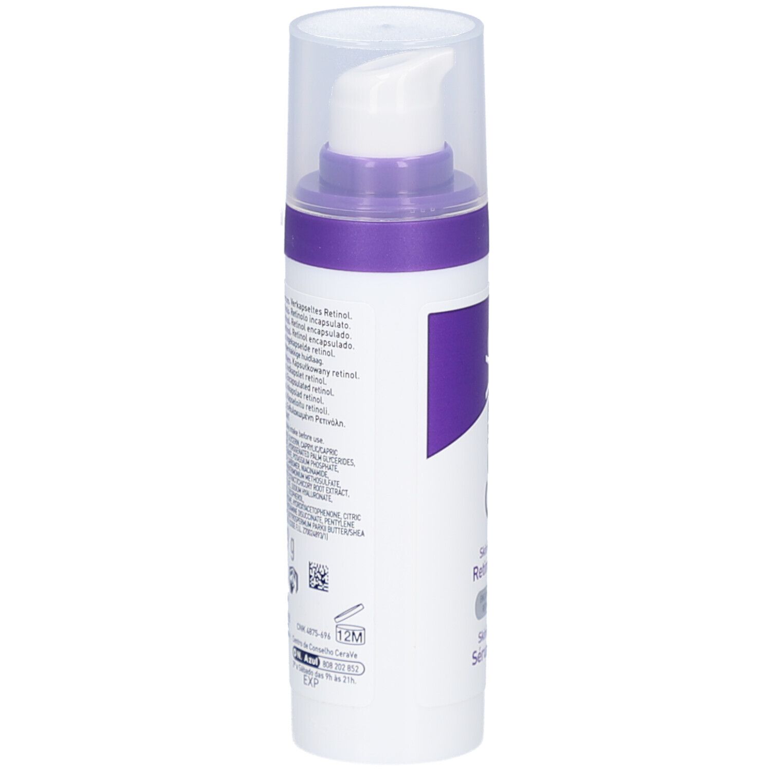 CeraVe Retinol Serum. Flasche von der Seite. Text und Inhaltsstoffe.