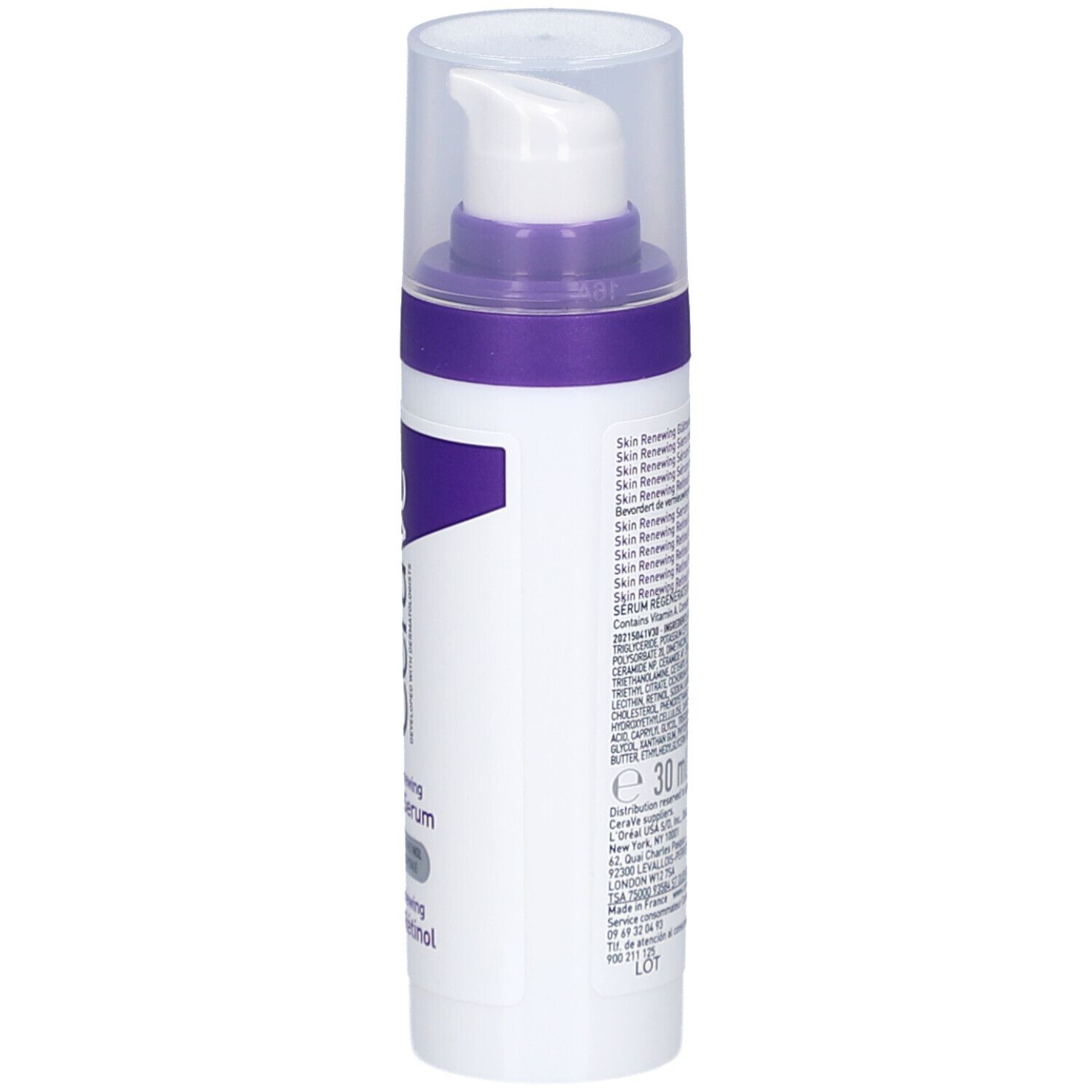 CeraVe Skin Renewing Retinol Serum. Weiße Flasche mit lila Akzenten und Dosierer.