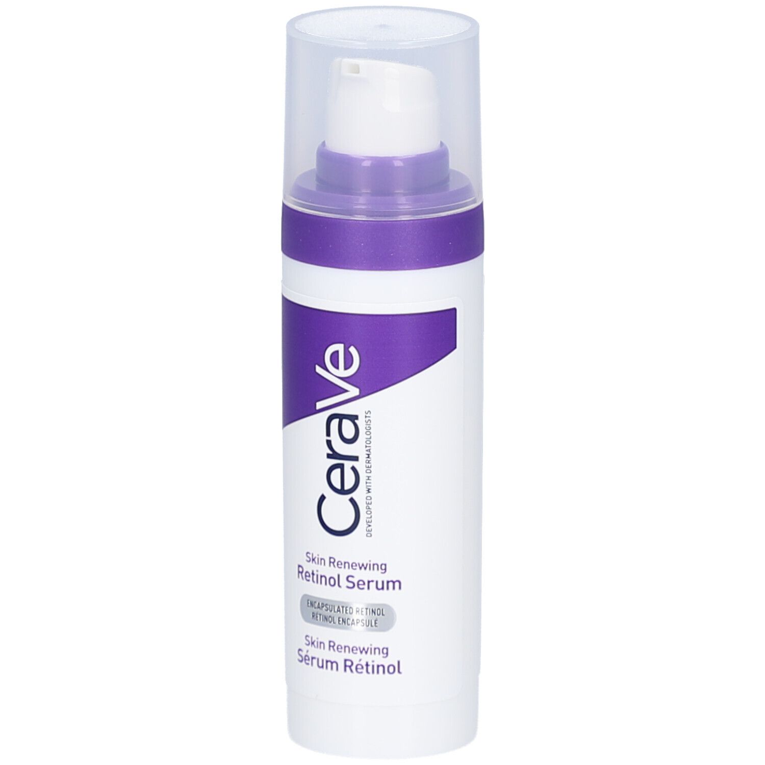 CeraVe Skin Renewing Retinol Serum. Weiße Flasche mit lila Akzenten und Dosierer.