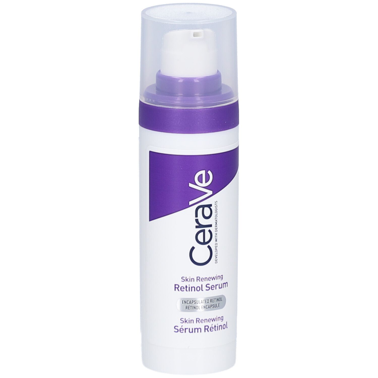 CeraVe Skin Renewing Retinol Serum. Flasche und Verpackung. Text.