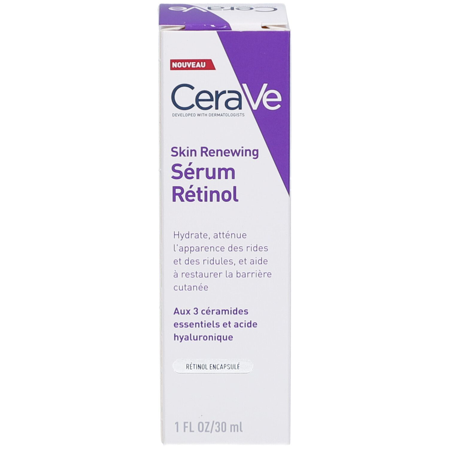 CeraVe Skin Renewing Retinol Serum. Weiße Flasche mit lila Akzenten und Dosierer.