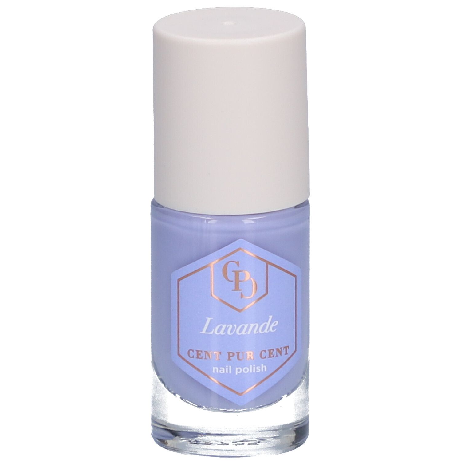 Nagellackflasche Lavendel, helllila. Weißer Deckel, Glasflasche mit Etikett. Aufschrift: Lavande, Cent Pur Cent, nail polish.