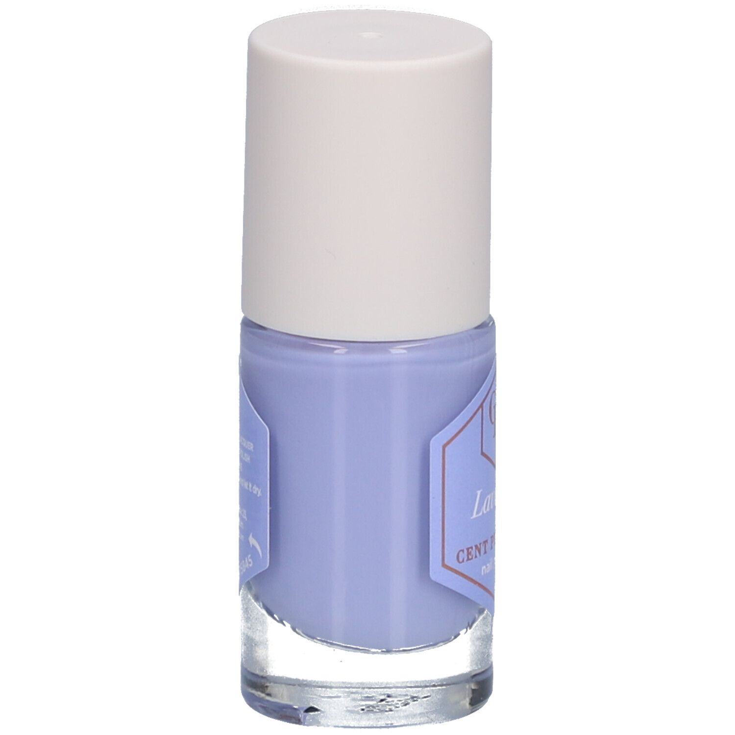Nagellackflasche Lavendel, helllila. Weißer Deckel, Glasflasche mit Etikett. Aufschrift: Lavande, Cent Pur Cent, nail polish.