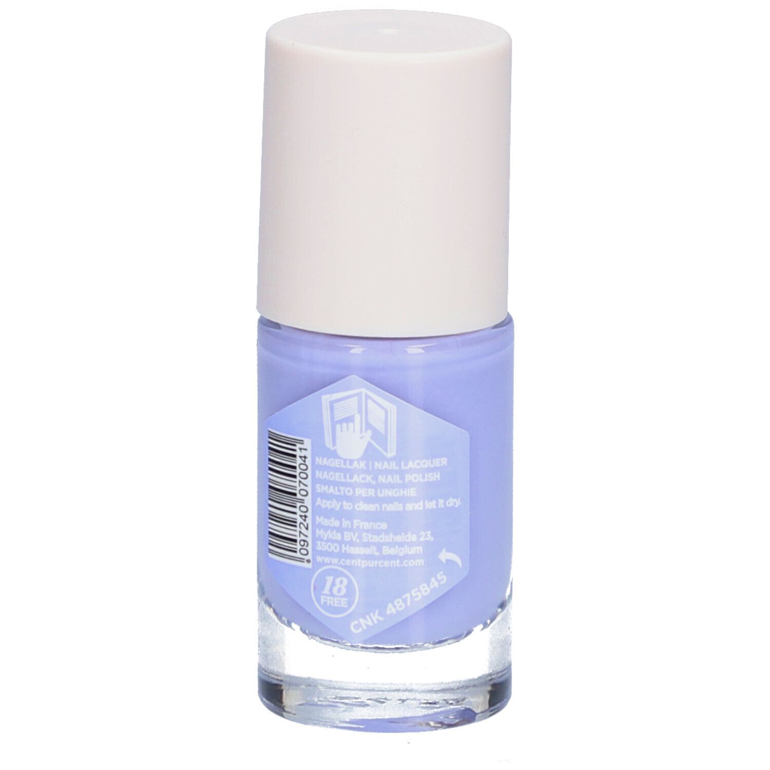 Nagellackflasche Lavendel, helllila. Weißer Deckel, Glasflasche mit Etikett. Aufschrift: Lavande, nail lacquer, Halto per unghie.