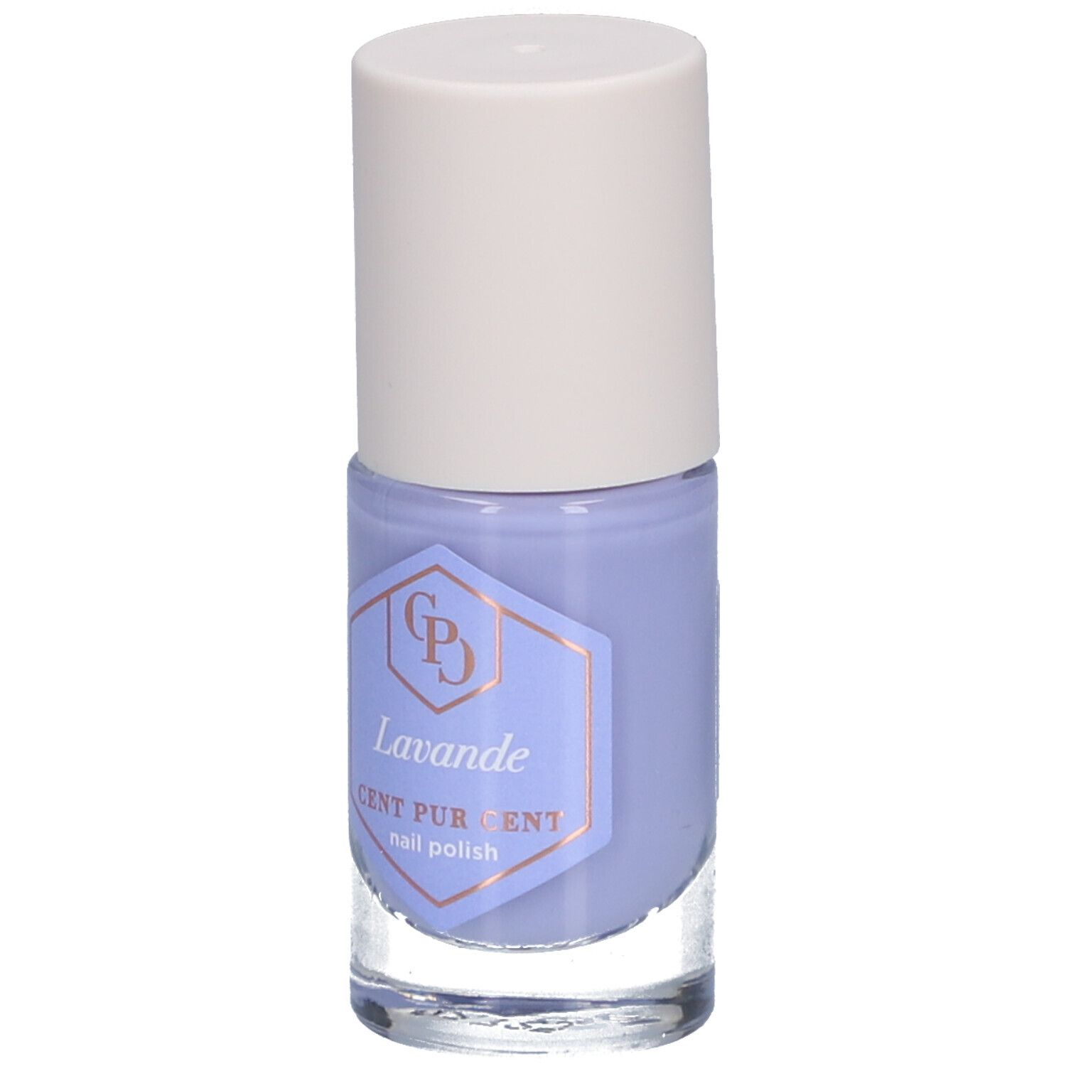 Nagellackflasche Lavendel, helllila. Weißer Deckel, Glasflasche mit Etikett. Aufschrift: Lavande, Cent Pur Cent, nail polish.