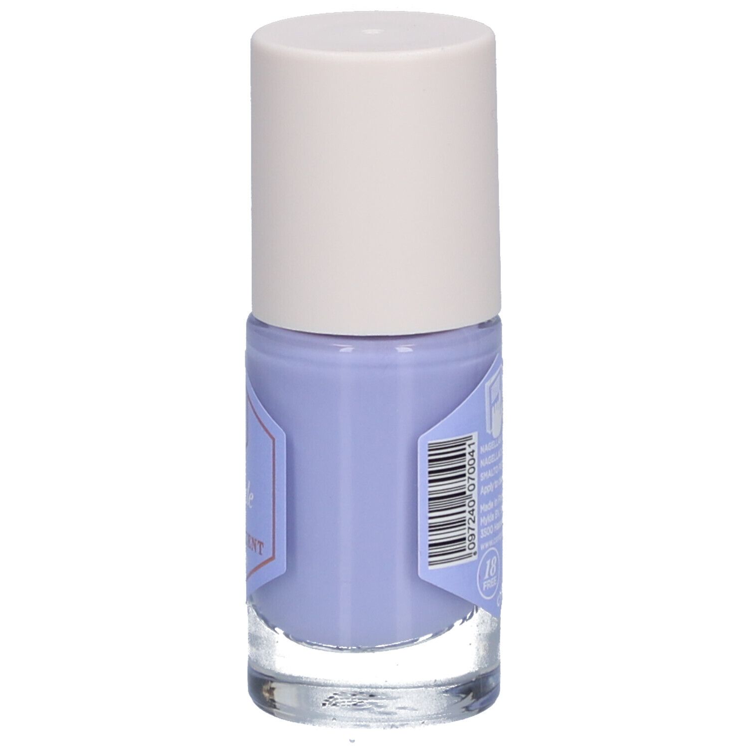 Nagellackflasche Lavendel, helllila. Weißer Deckel, Glasflasche mit Etikett. Aufschrift: Lavande, nail lacquer, Halto per unghie.
