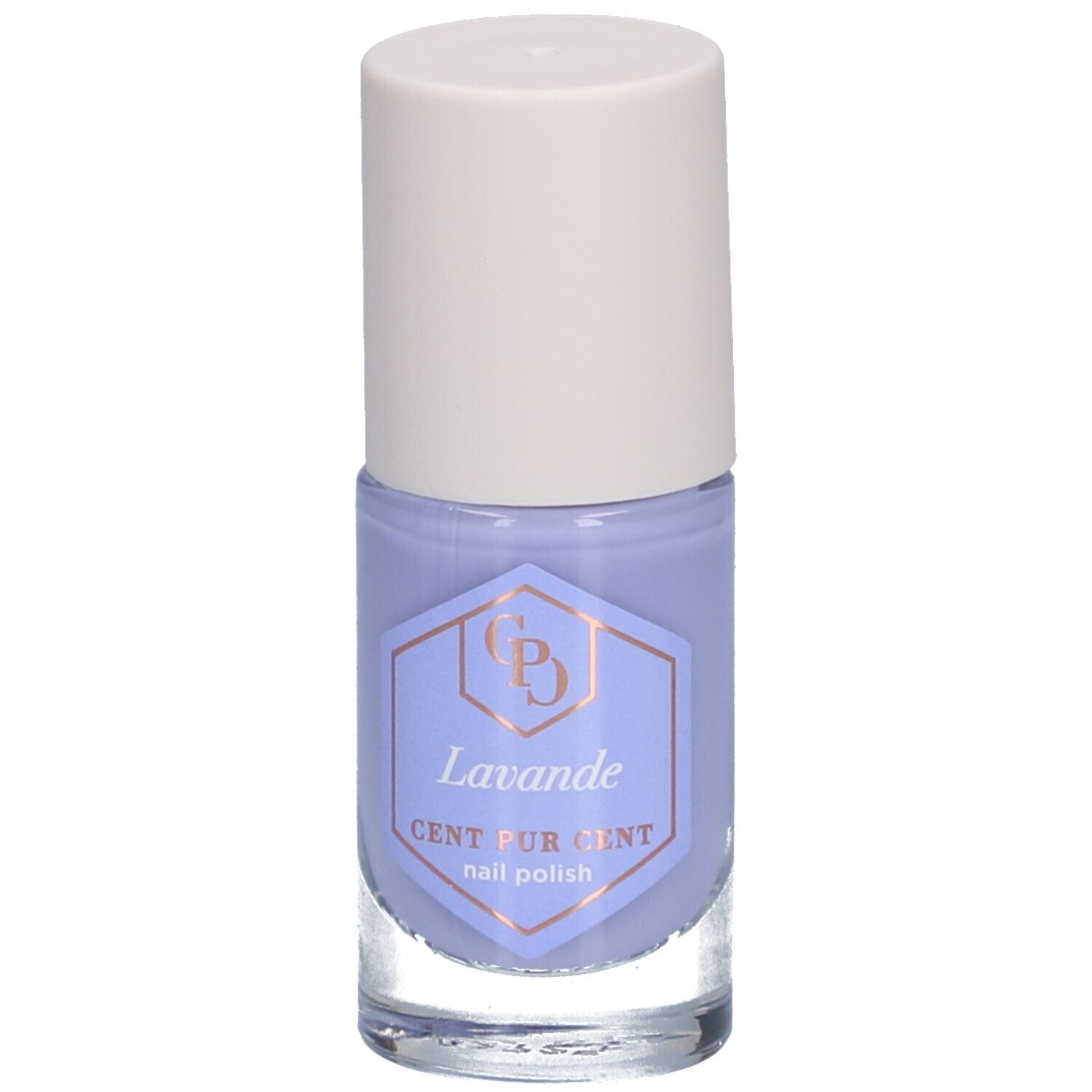 Flasche Nagellack Lavendel, helllila. Weißer Deckel, Glasflasche mit Etikett. Aufschrift: Lavande, Cent Pur Cent, nail polish.