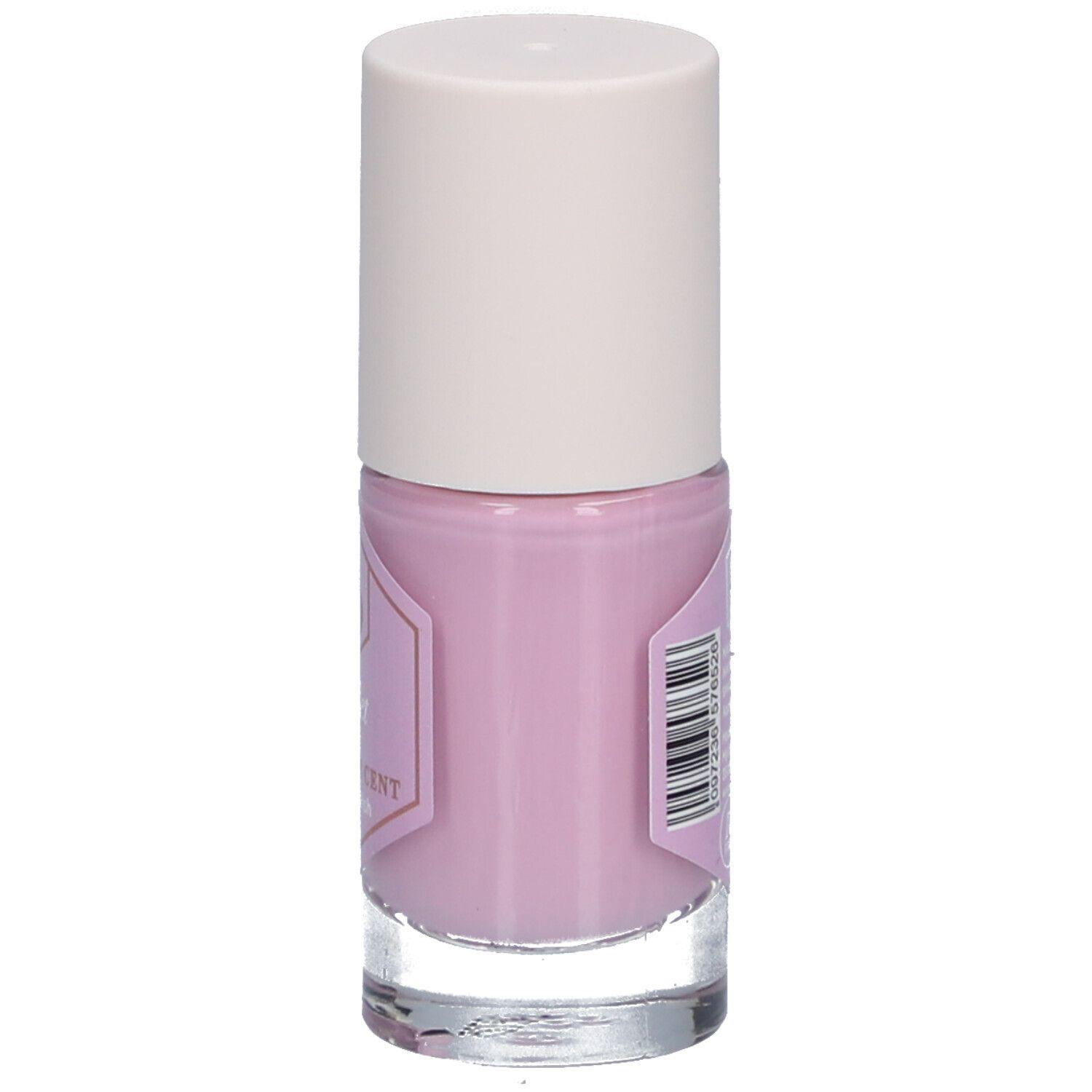 Nagellackflasche, violett. Weißer Deckel, durchsichtige Glasflasche. Aufkleber mit Schriftzug: Violett, Cent Pur Cent, Nagellack.