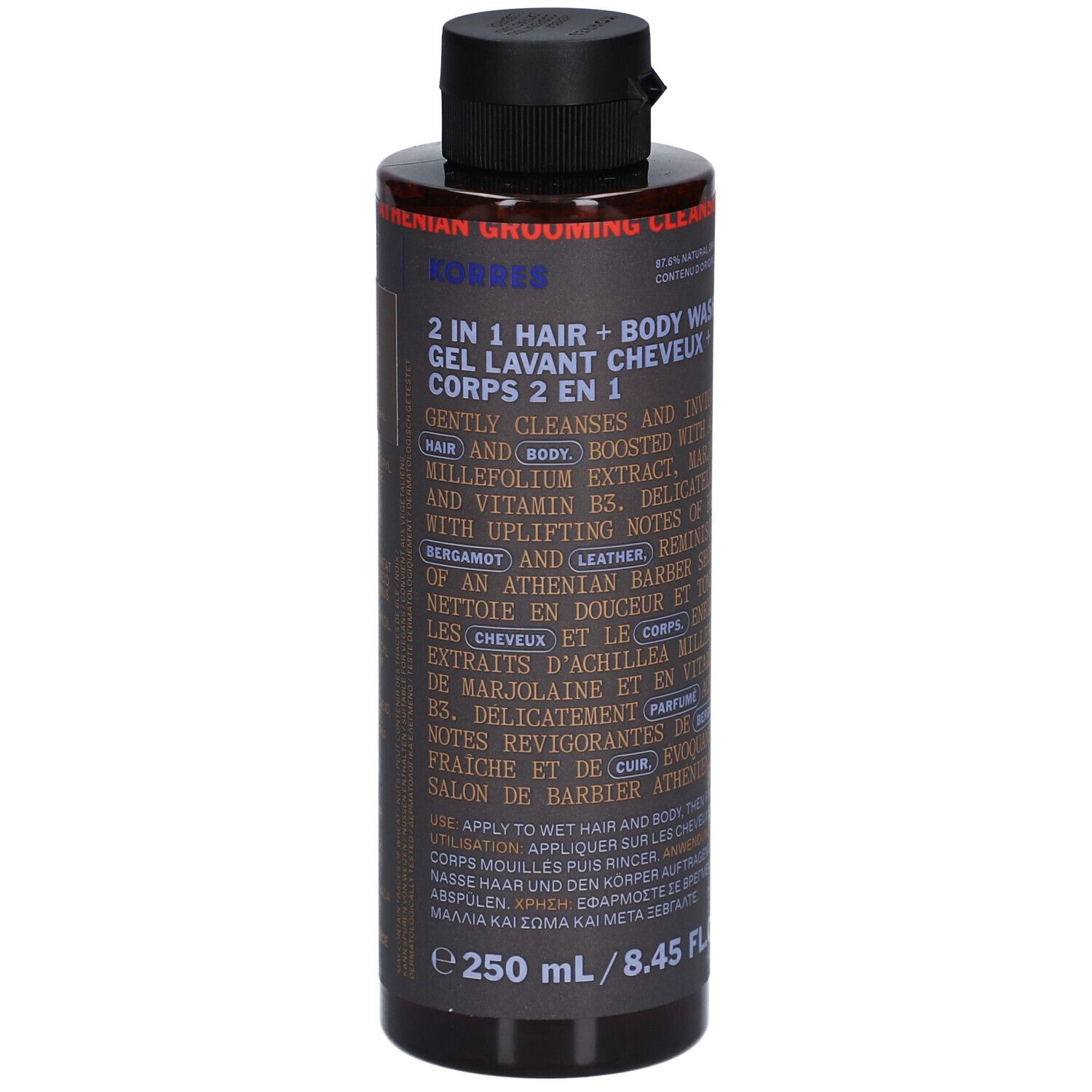 Korres 2-in-1 Haar- und Körperwaschgel. Braune Flasche mit schwarzem Deckel. Text auf Etikett.
