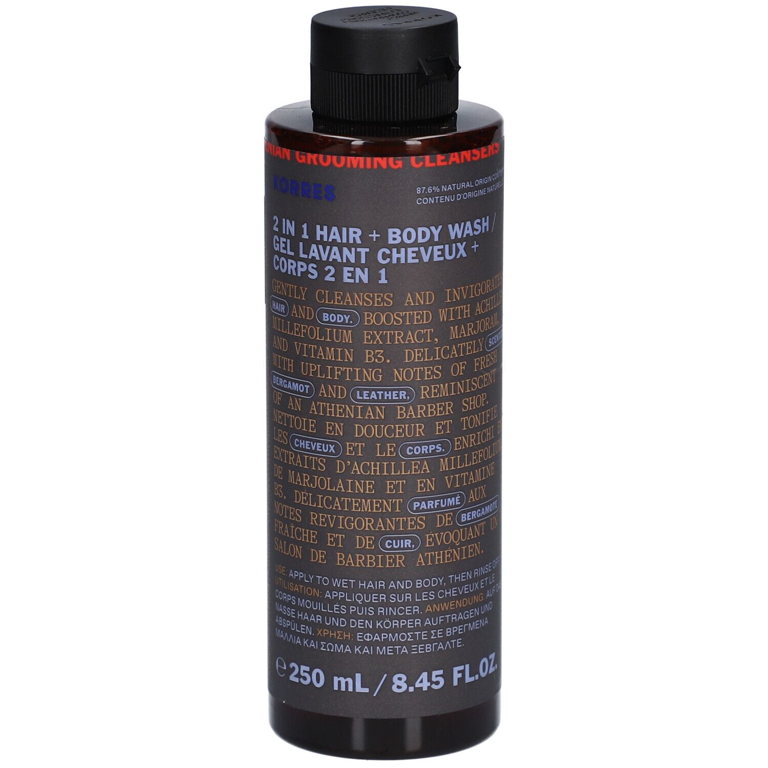 Korres 2-in-1 Haar- und Körperwaschgel. Braune Flasche mit schwarzem Deckel. Etikett mit Text.