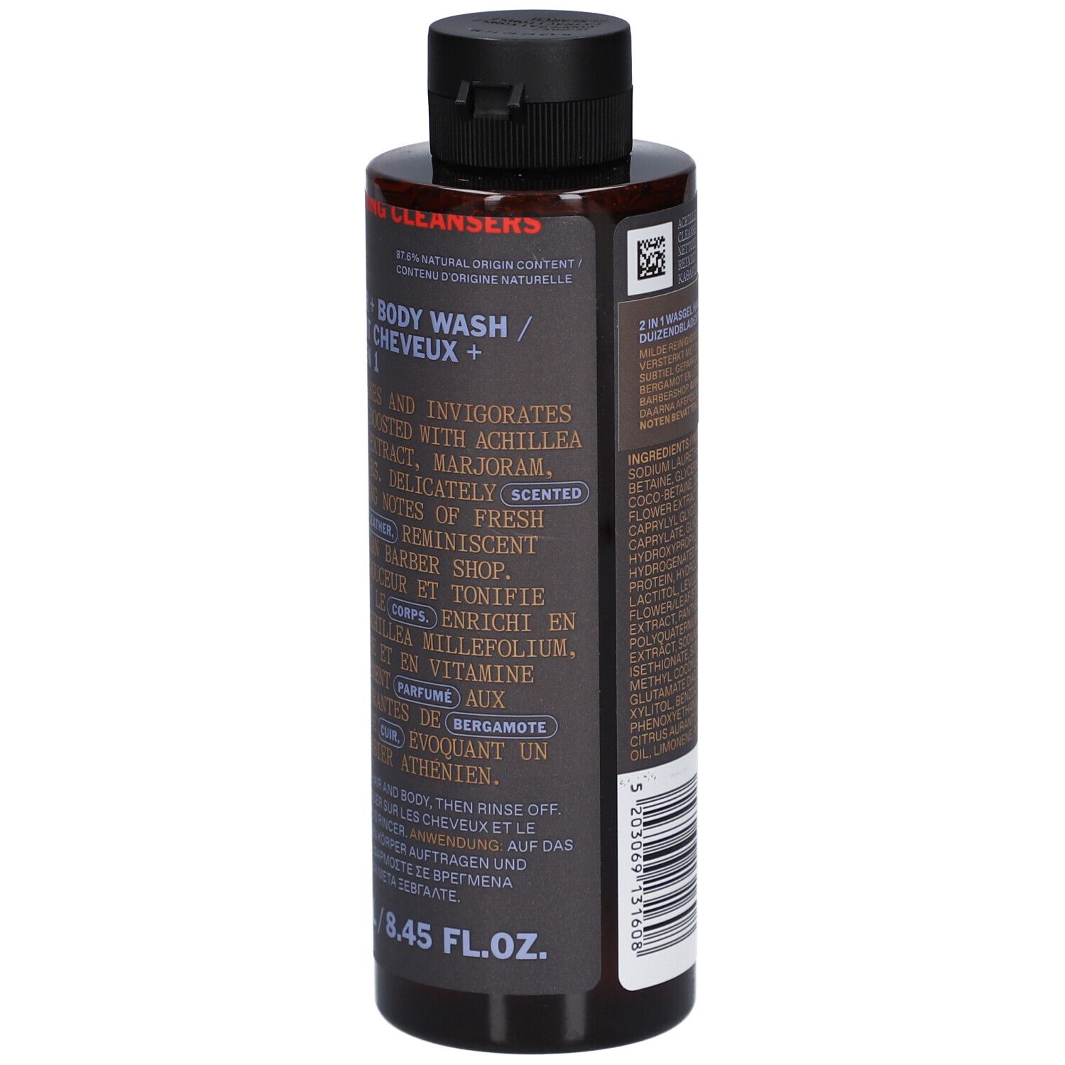 Rückseite der Korres 2-in-1 Haar- und Körperwaschgel-Flasche. Text und Barcode.