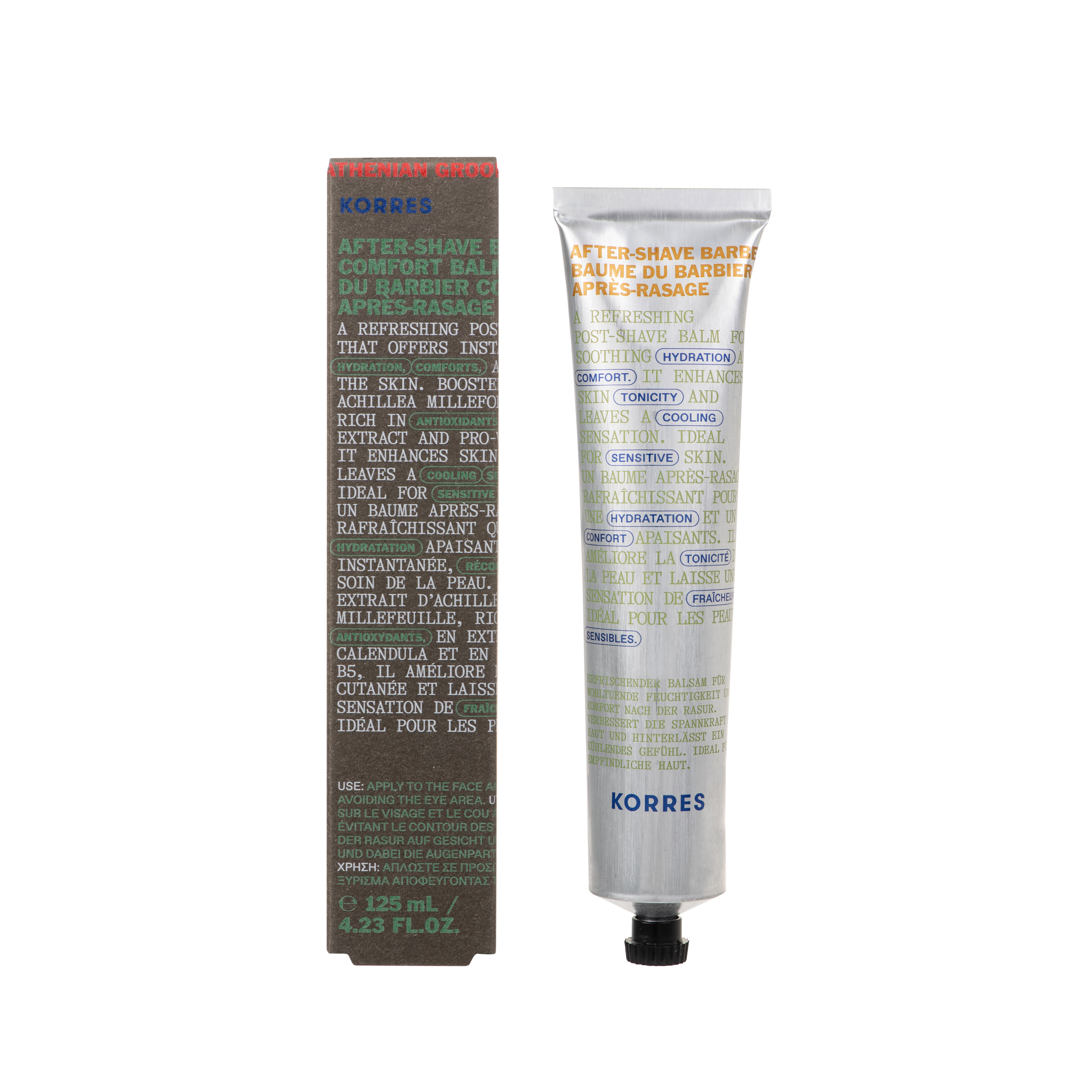 Tube et étui avec texte. "After Shave Balm" est écrit sur le tube. Marque : KORRES. Volume : 125 ml.