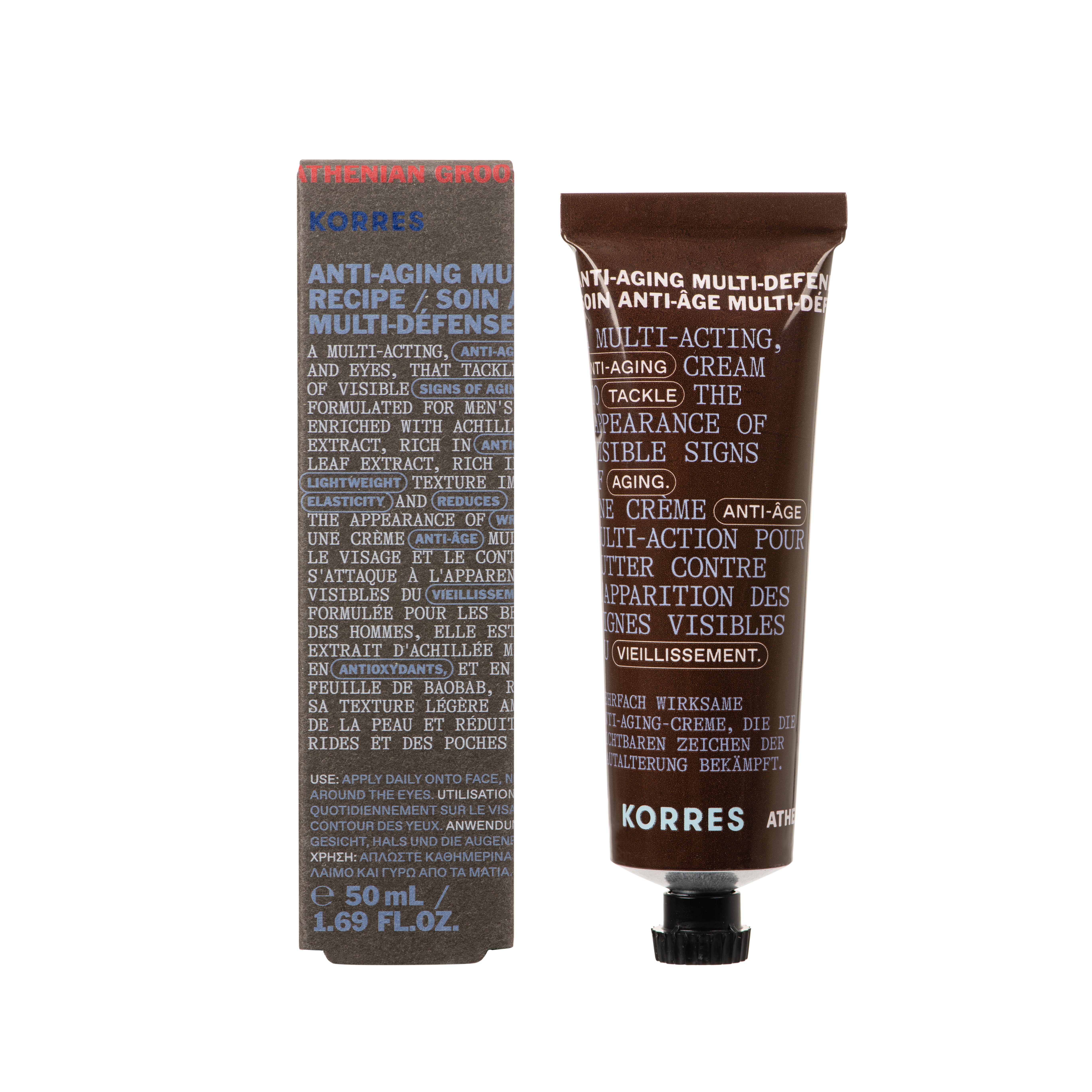 Produit et emballage. Tube et boîte. Texte: Crème anti-âge, Korres. 50 ml.