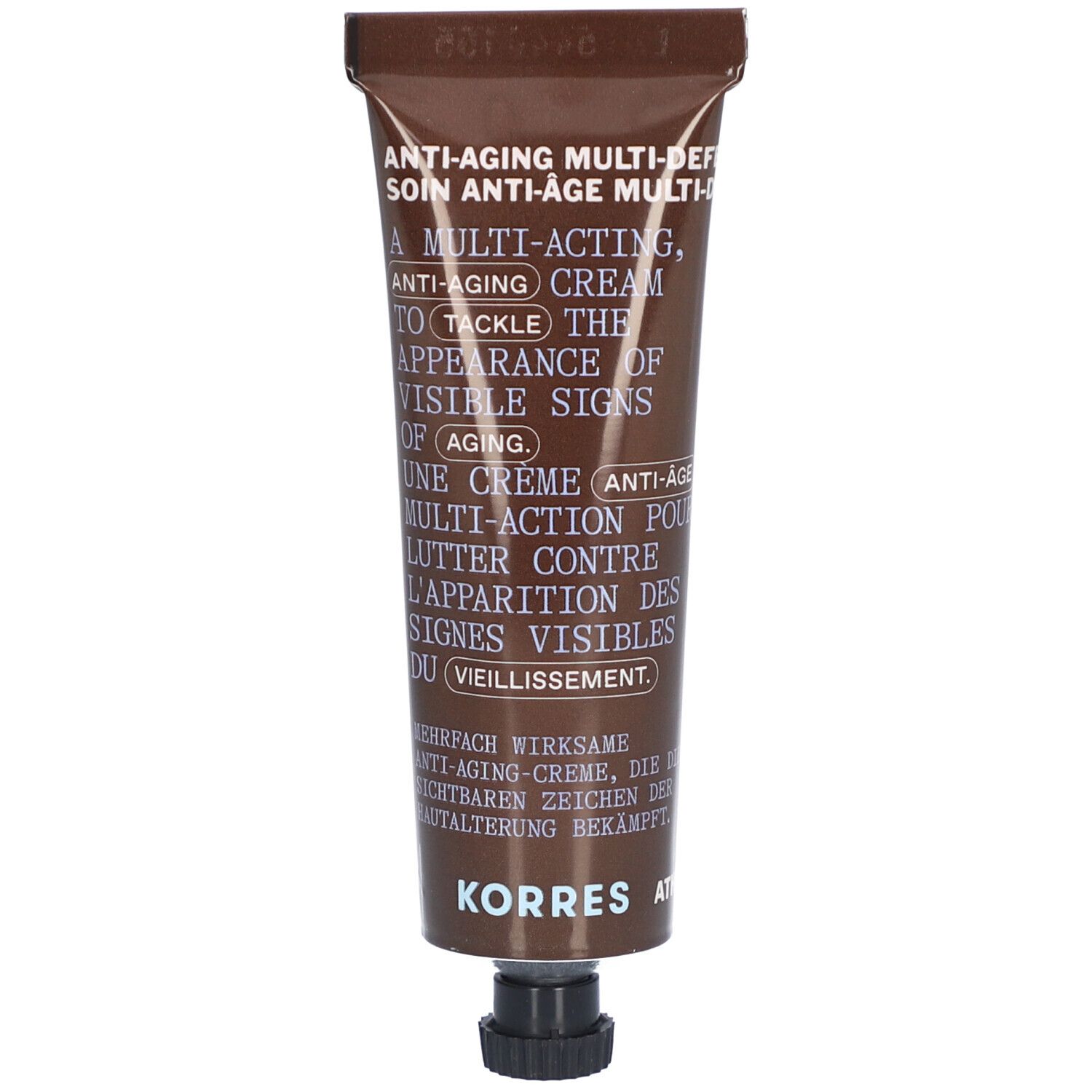 Tube marron avec bouchon noir. Texte: Crème anti-âge, Korres. Vue du produit.