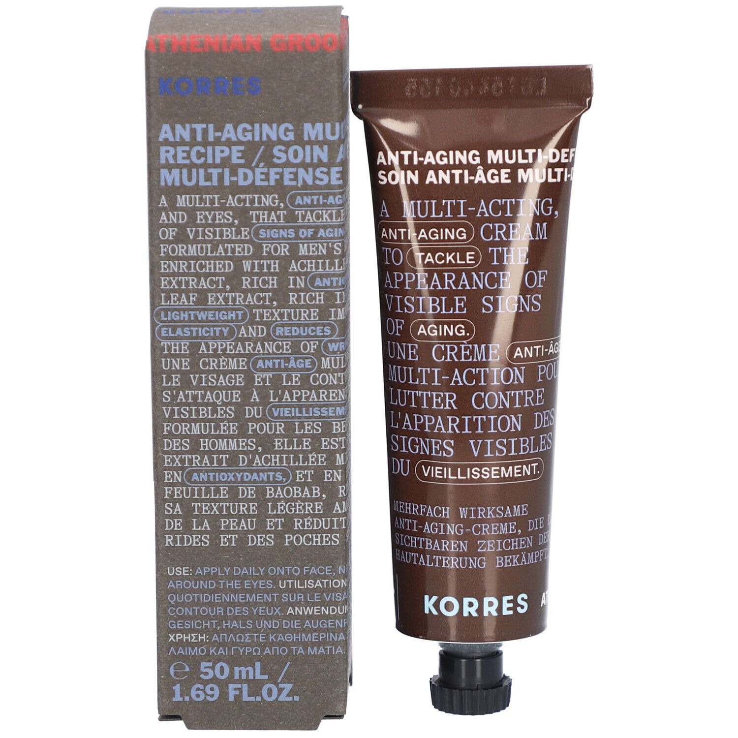 Produit et emballage. Tube et boîte. Texte: Crème anti-âge, Korres.