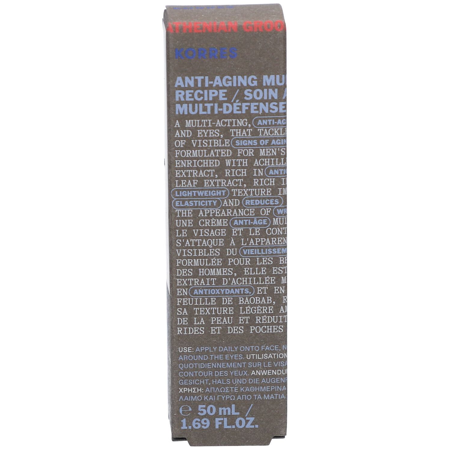 Boîte marron. Texte: Crème anti-âge, Korres. Informations sur le produit.