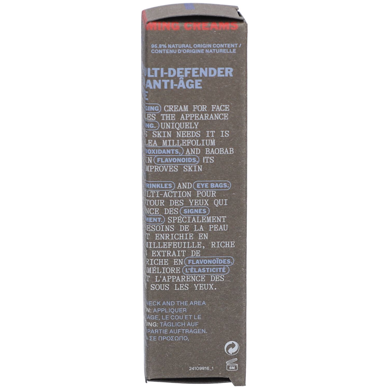 Boîte marron. Texte: Crème anti-âge, Korres. Description du produit.