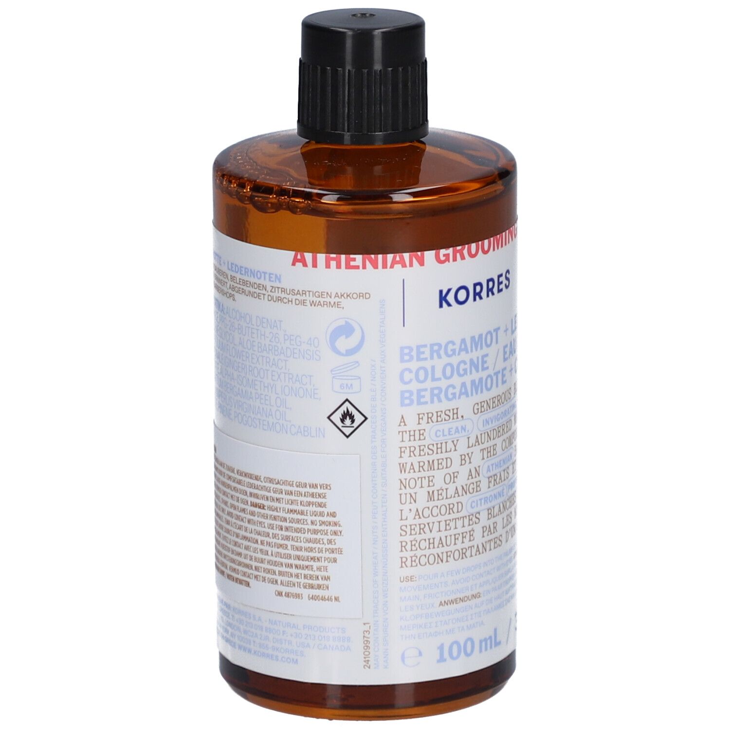 Korres Eau de Cologne Bergamot + Leather. Braune Glasflasche mit schwarzem Verschluss. Produktetikett mit Text. 100 ml.