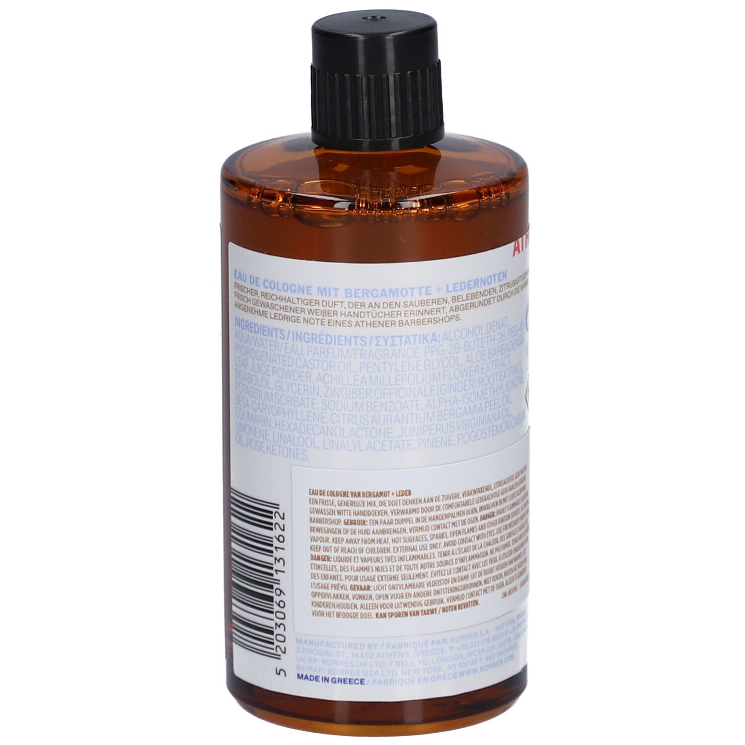 Korres Eau de Cologne Bergamot + Leather. Braune Glasflasche mit schwarzem Verschluss. Produktetikett mit Text. 100 ml.