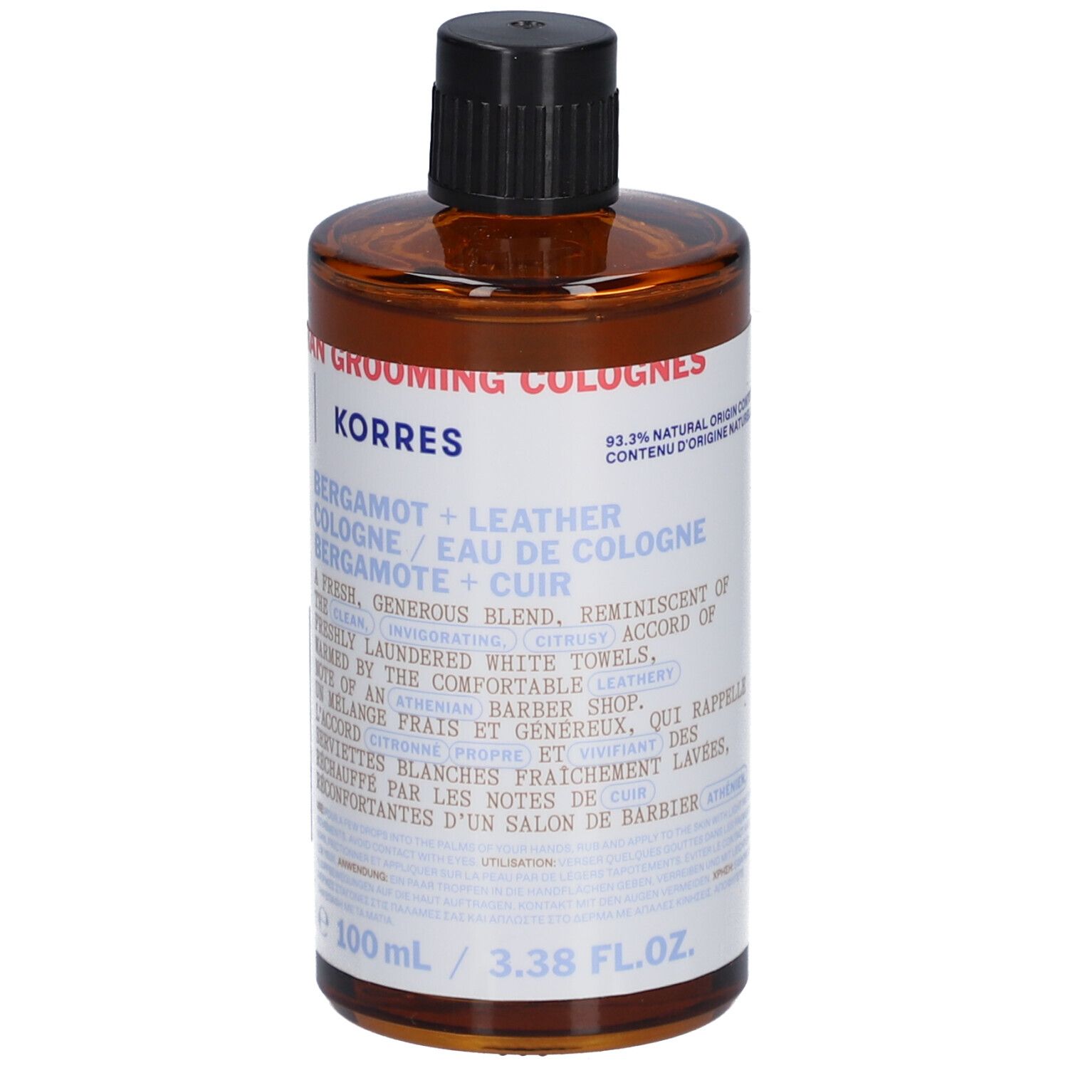 Korres Eau de Cologne Bergamot + Leather. Braune Glasflasche mit schwarzem Verschluss. Produktetikett mit Text. 100 ml.