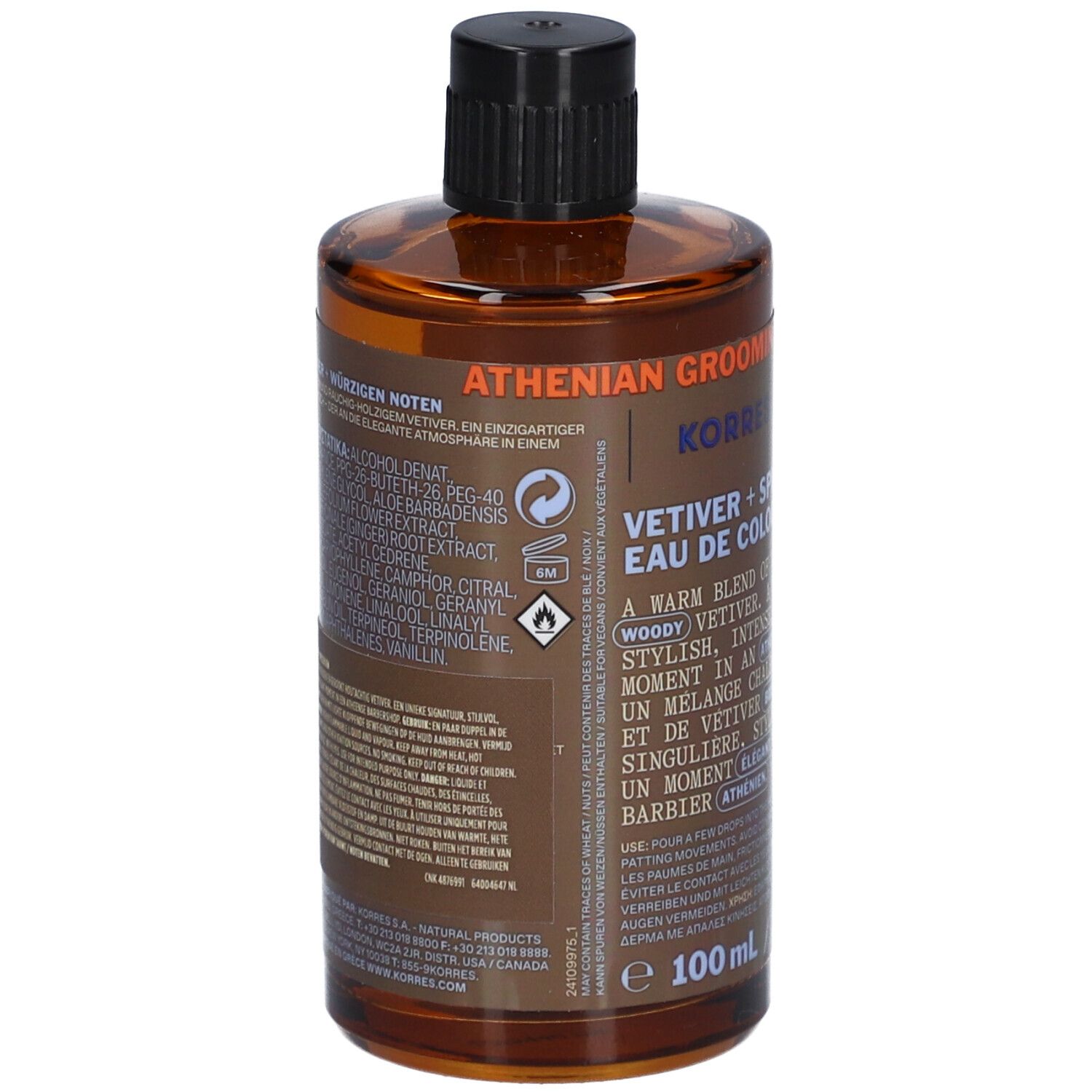 Rückseite einer braunen Glasflasche mit schwarzem Deckel. Beschriftung: Korres Vetiver + Spices Cologne. 100 ml.