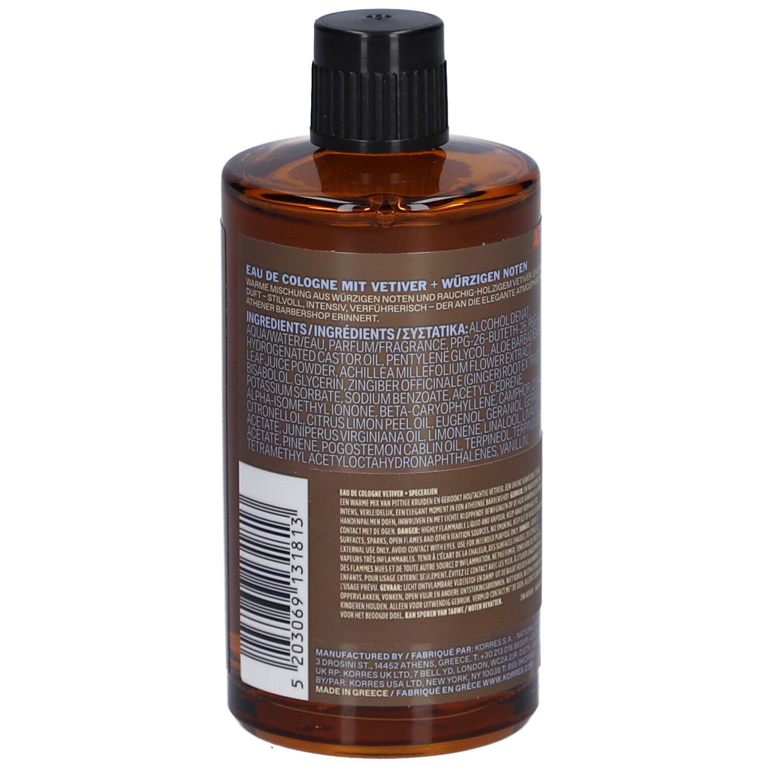 Rückseite einer braunen Glasflasche mit schwarzem Deckel. Beschriftung: Korres Vetiver + Spices Cologne. Zutatenliste.