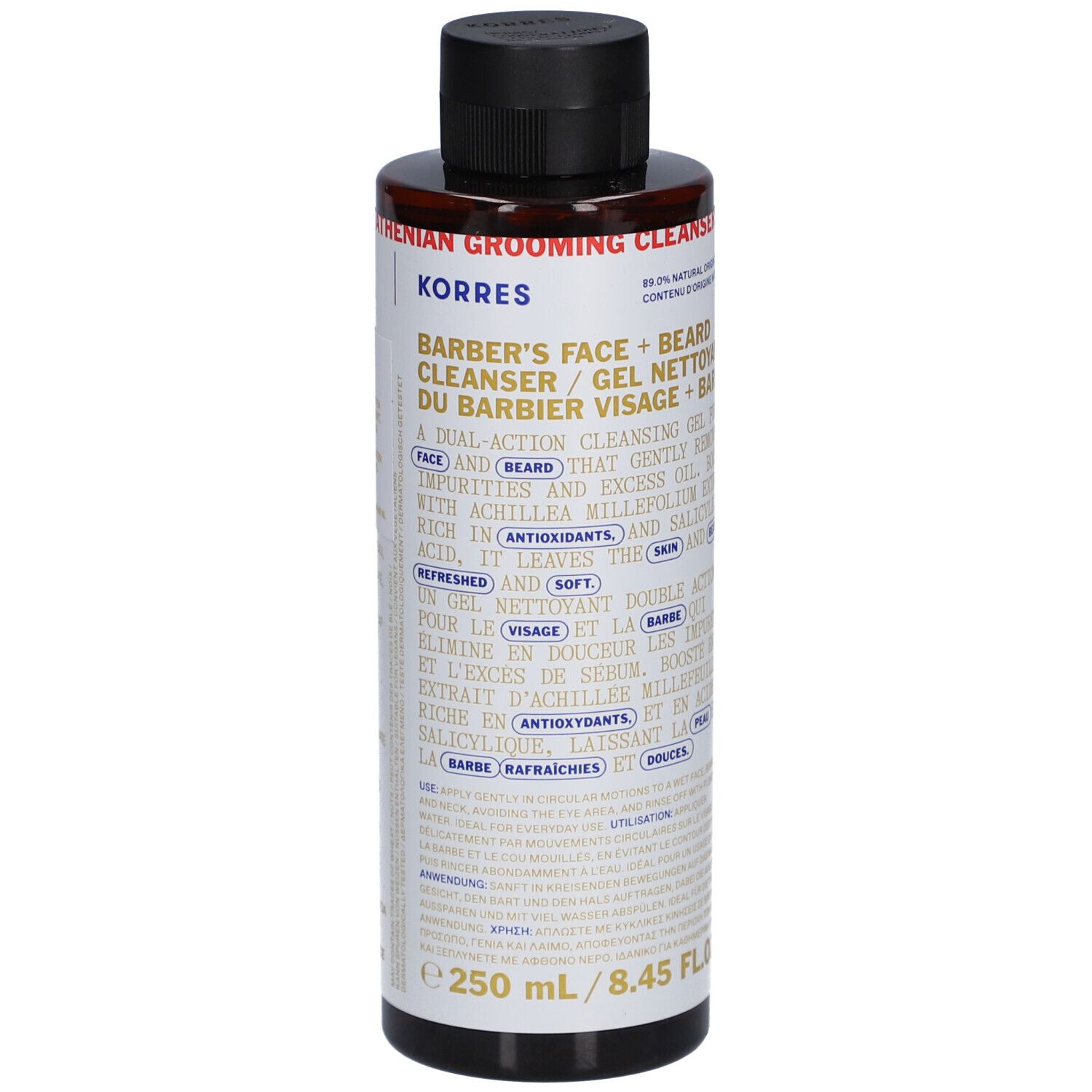 Korres Barbier Reinigungsgel. Braune Flasche mit schwarzem Deckel. Text in Englisch und Französisch. 250 ml.