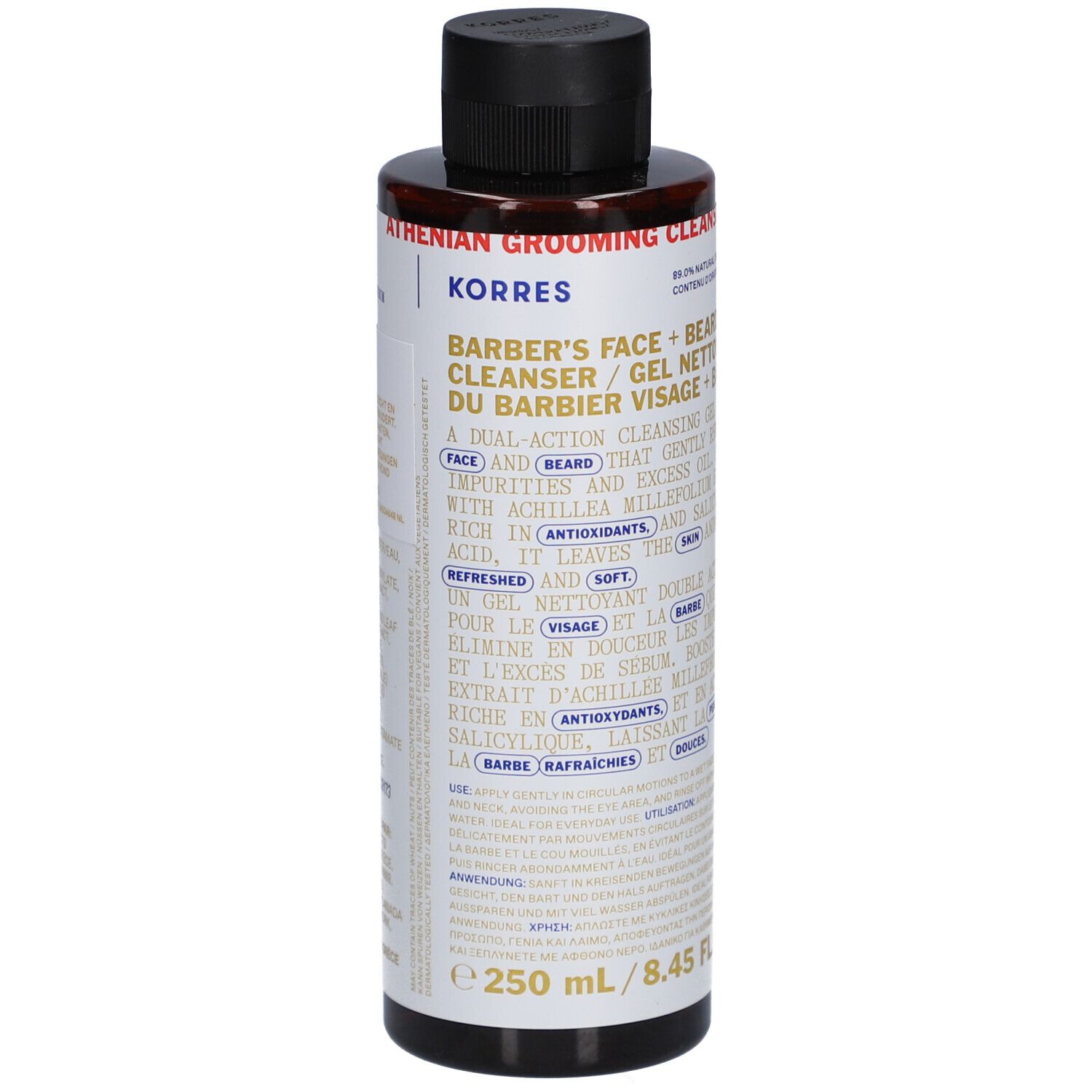 Korres Barbier Reinigungsgel. Braune Flasche mit schwarzem Deckel. Text in Englisch und Französisch. 250 ml.