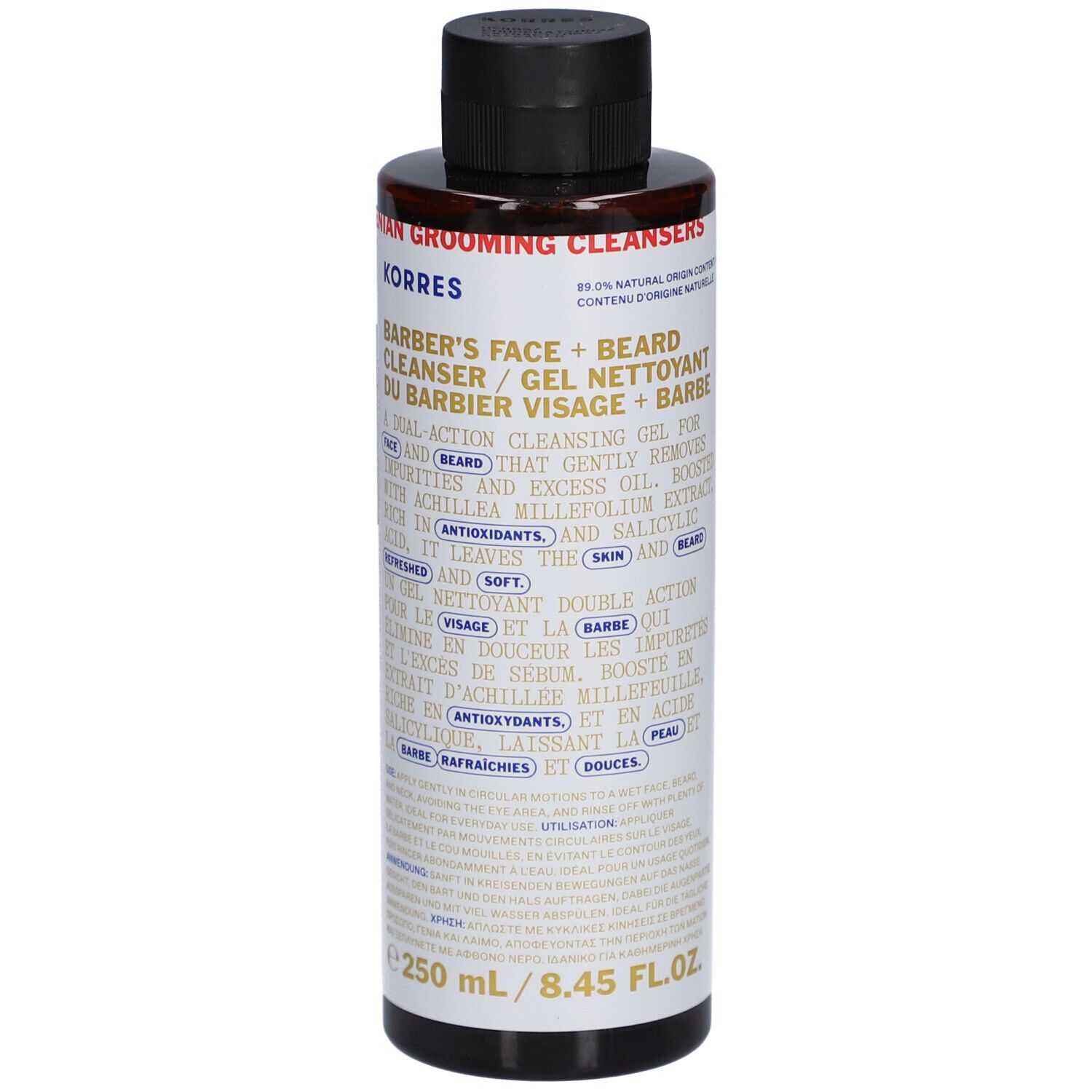Korres Barbier Reinigungsgel. Braune Flasche mit schwarzem Deckel. Text in Englisch und Französisch. 250 ml.