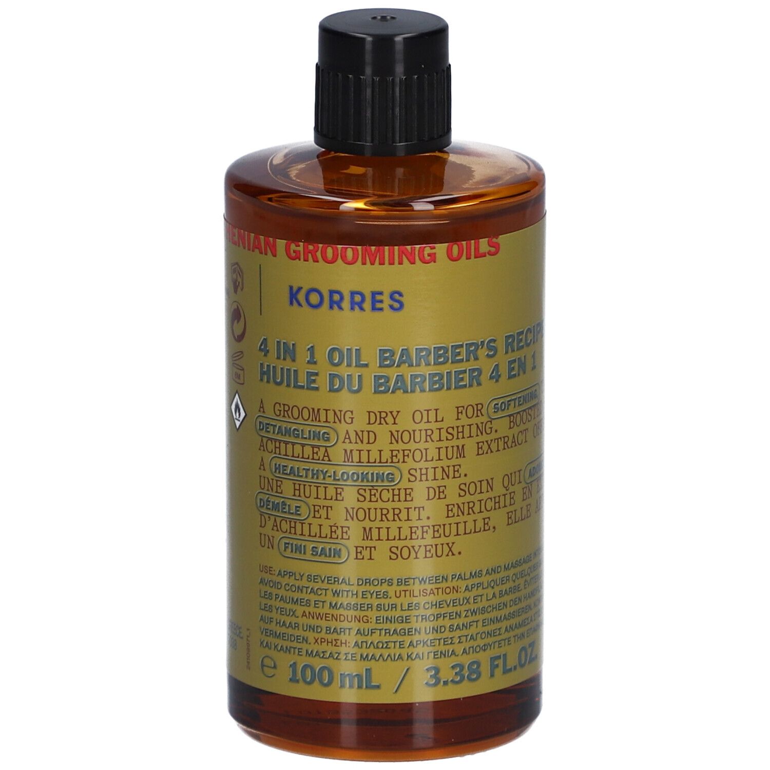 Braune Glasflasche mit schwarzem Deckel. Etikett mit Text: Korres 4 in 1 Öl. 100 ml.