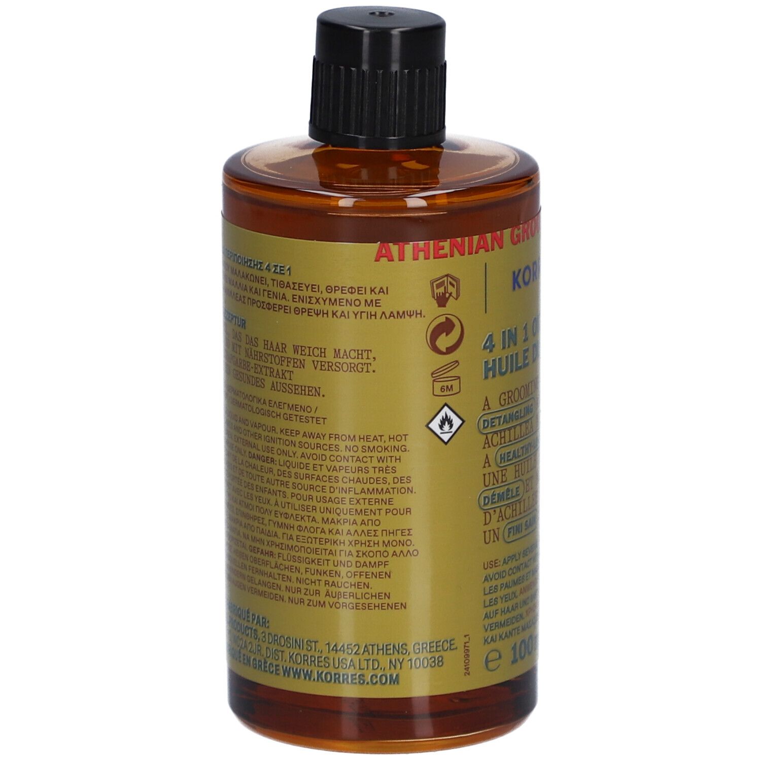 Rückseite einer braunen Glasflasche mit schwarzem Deckel. Etikett mit Text und Piktogrammen.