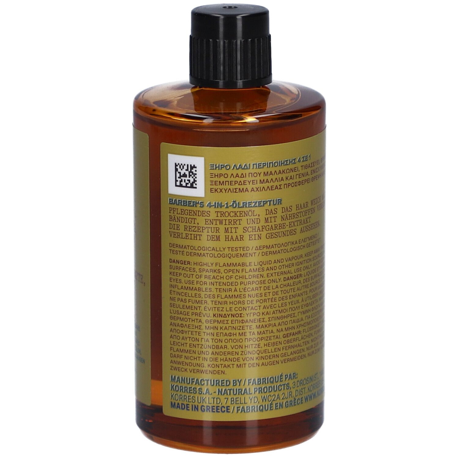 Rückseite einer braunen Glasflasche mit schwarzem Deckel. Etikett mit Text und QR-Code.