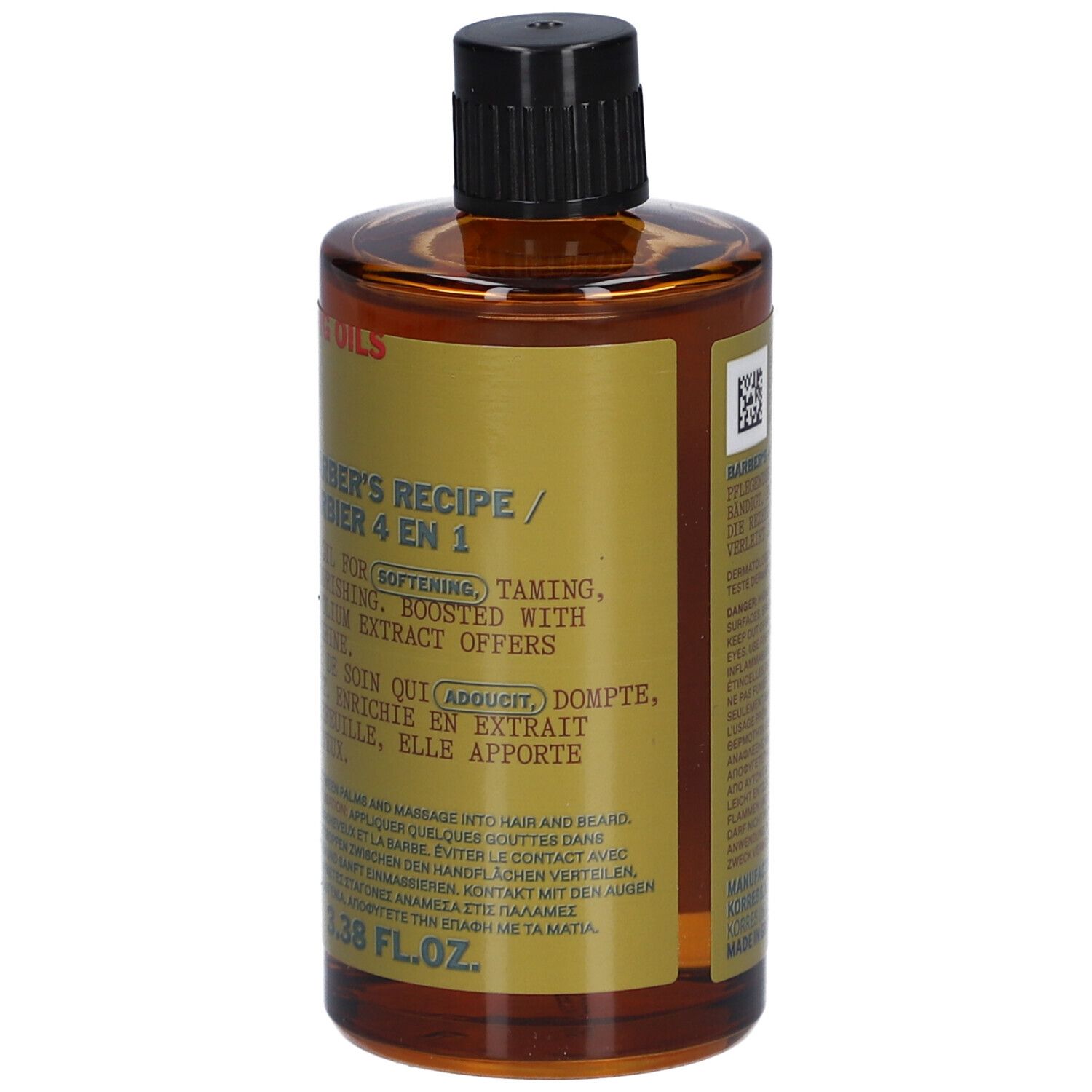 Braune Glasflasche mit schwarzem Deckel. Etikett mit Text: Barber's Recipe 4 in 1. 100 ml.