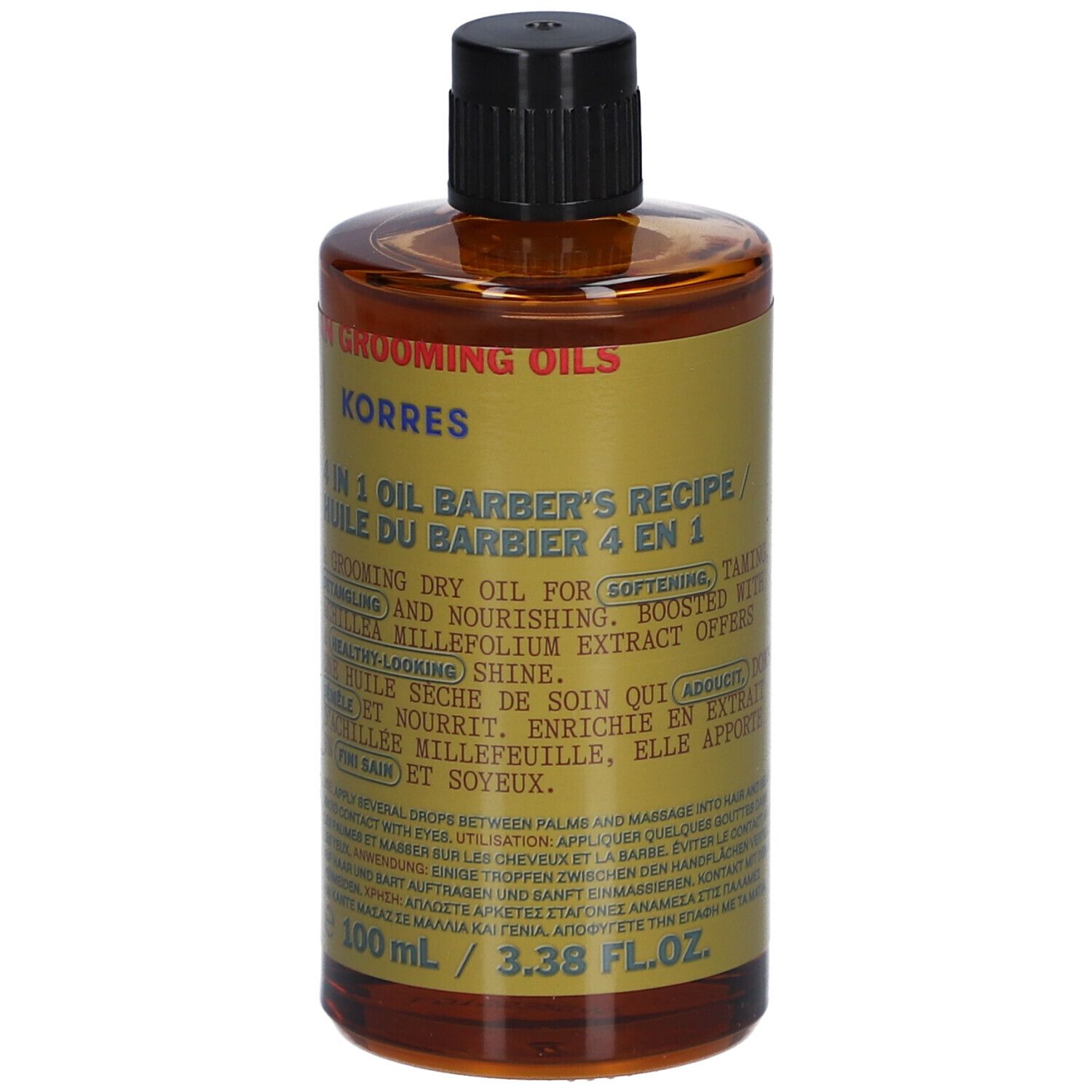 Braune Glasflasche mit schwarzem Deckel. Etikett mit Text: Korres 4 in 1 Öl. 100 ml.