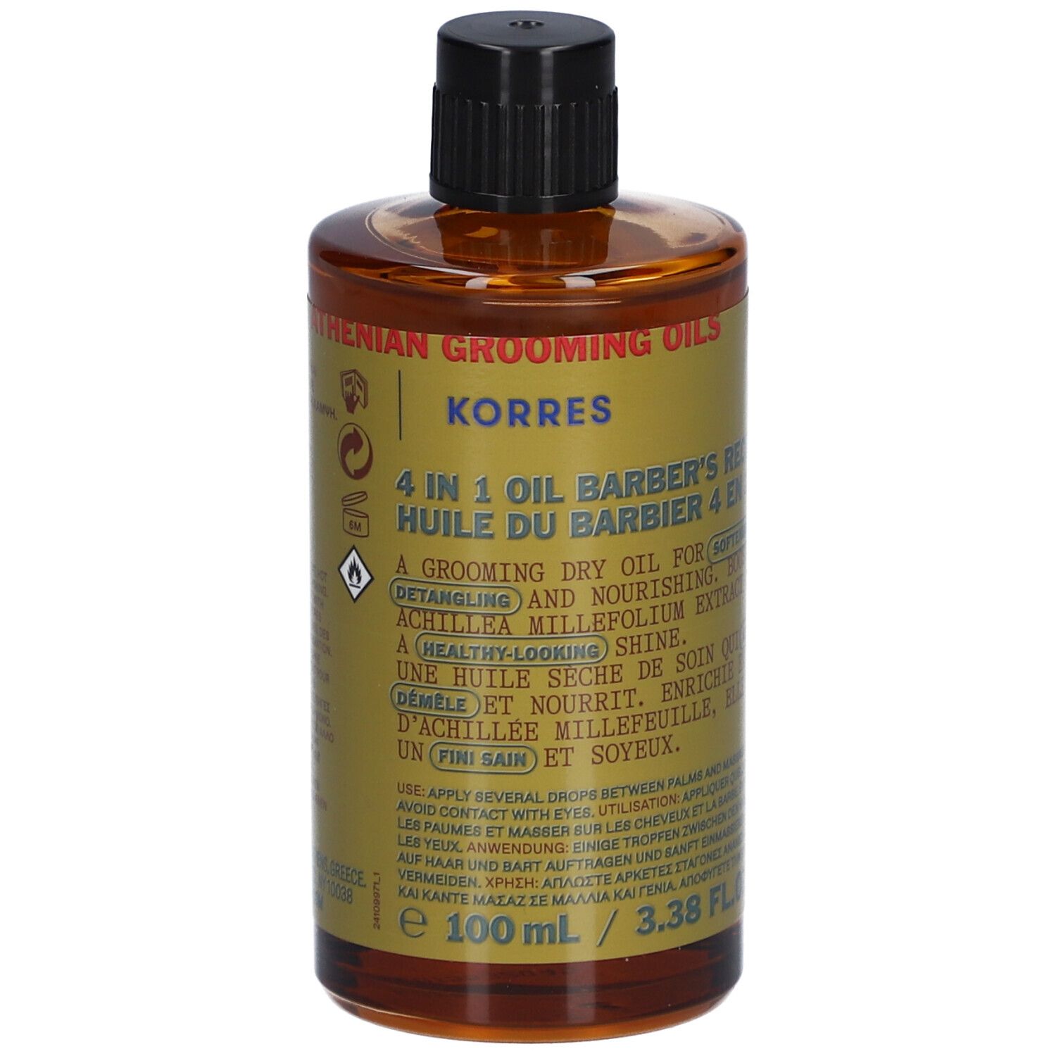 Braune Glasflasche mit schwarzem Deckel. Etikett mit Text: Korres 4 in 1 Öl. 100 ml.