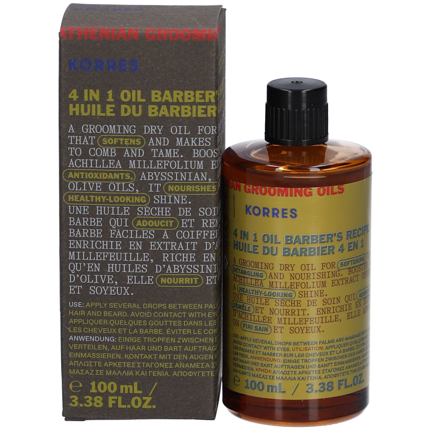 Produkt und Verpackung. Braune Flasche und Karton. Text: Korres 4 in 1 Öl. 100 ml.